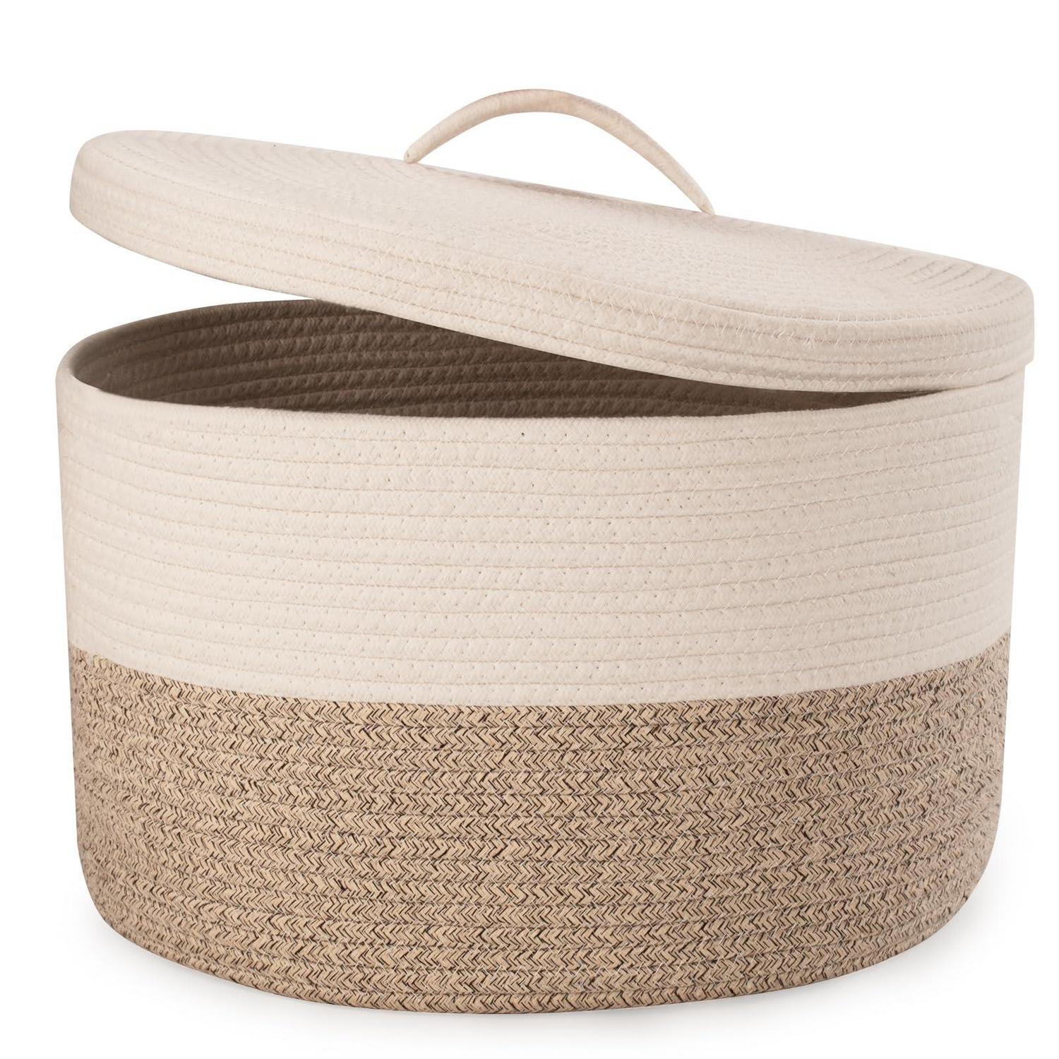 Wäschekorb Mit Deckel 32l, Gewebter Baumwollseil Korb Faltbar, 40x25cm Braun