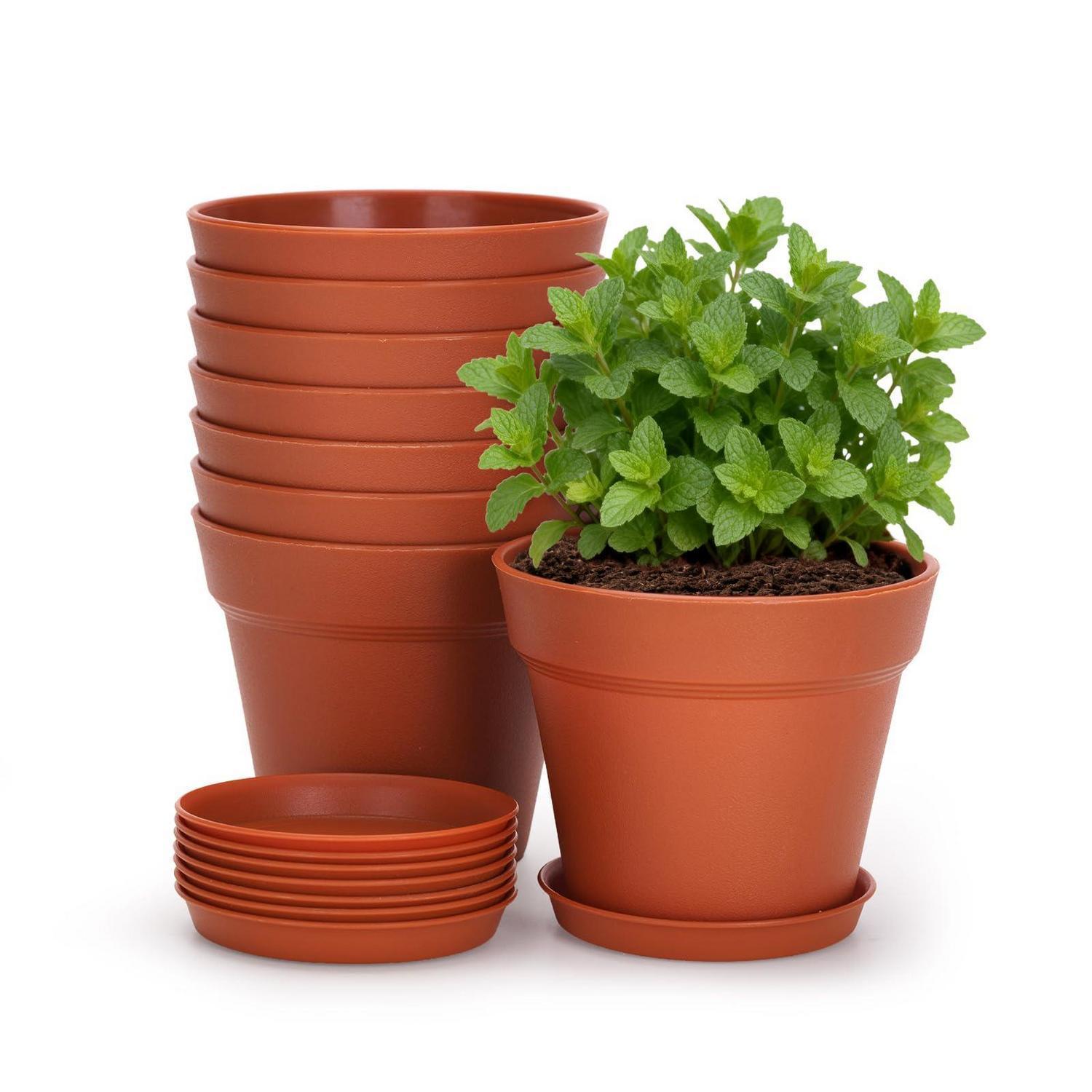 8er Set Blumentöpfe 10cm Mit Untersetzer, Kunststoff Pflanztöpfe Klein Für Kräuter & Kakteen