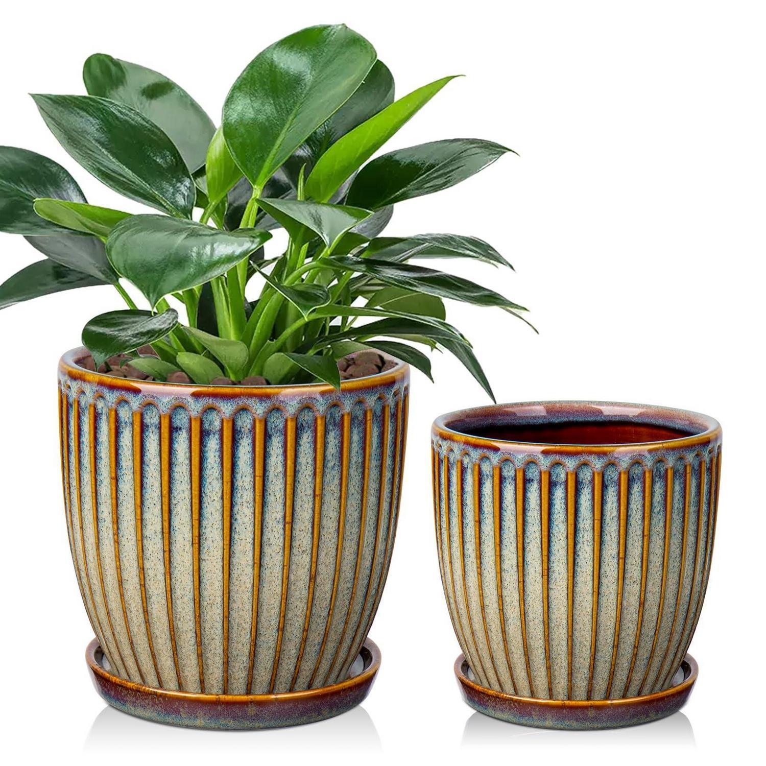 2er-set Keramik Blumentöpfe Mit Untersetzer, Gerippt, 15cm/13cm, Braun