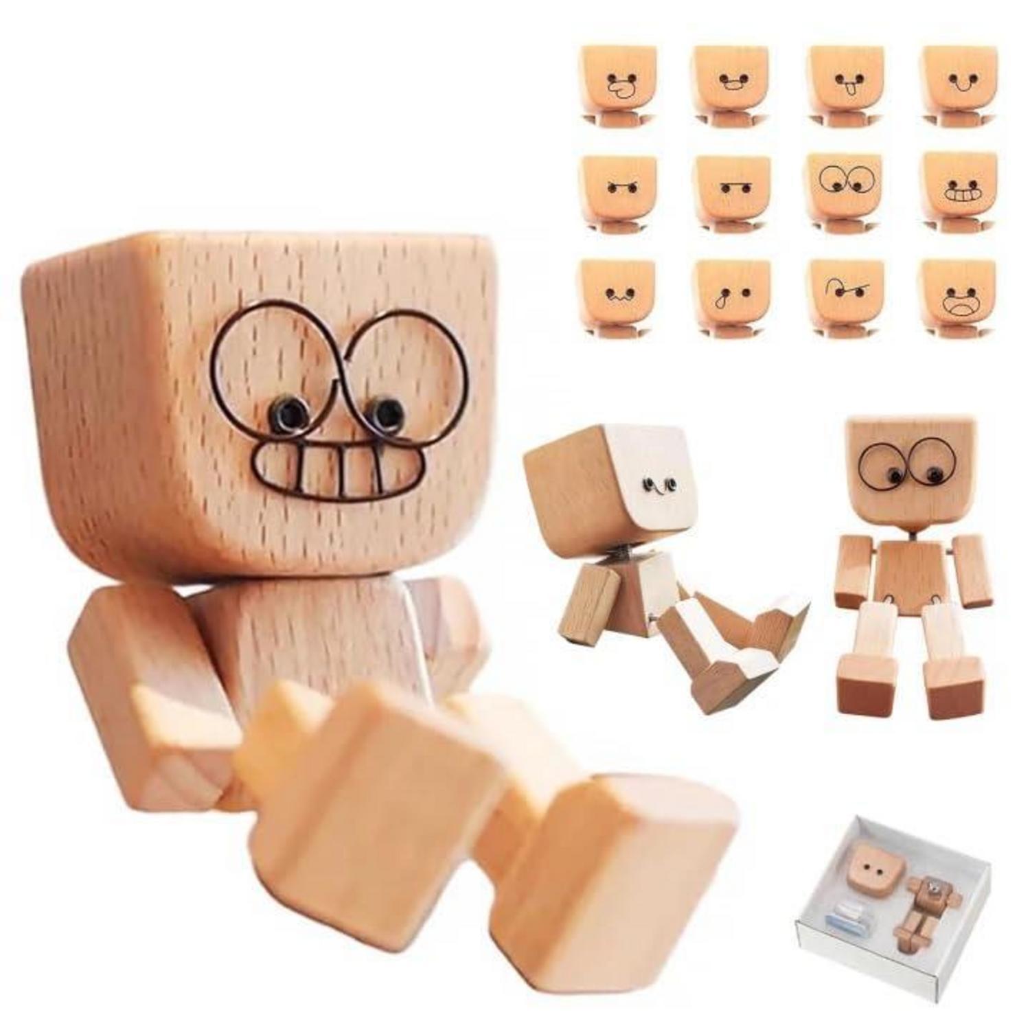 Holz Wackelfigur Auto Mit 12 Magnetischen Ausdrücken, Handgefertigt