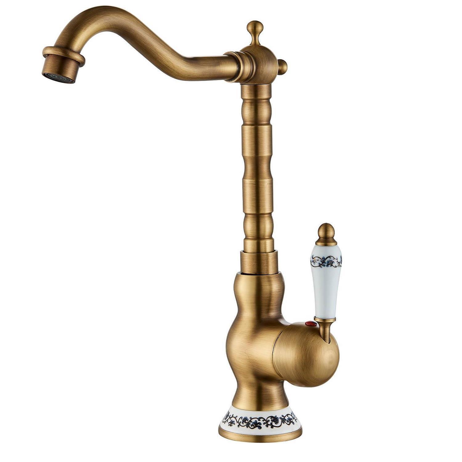 Waschtischarmatur Messing Antik Mit Keramikgriff, Retro Design, Wassersparend