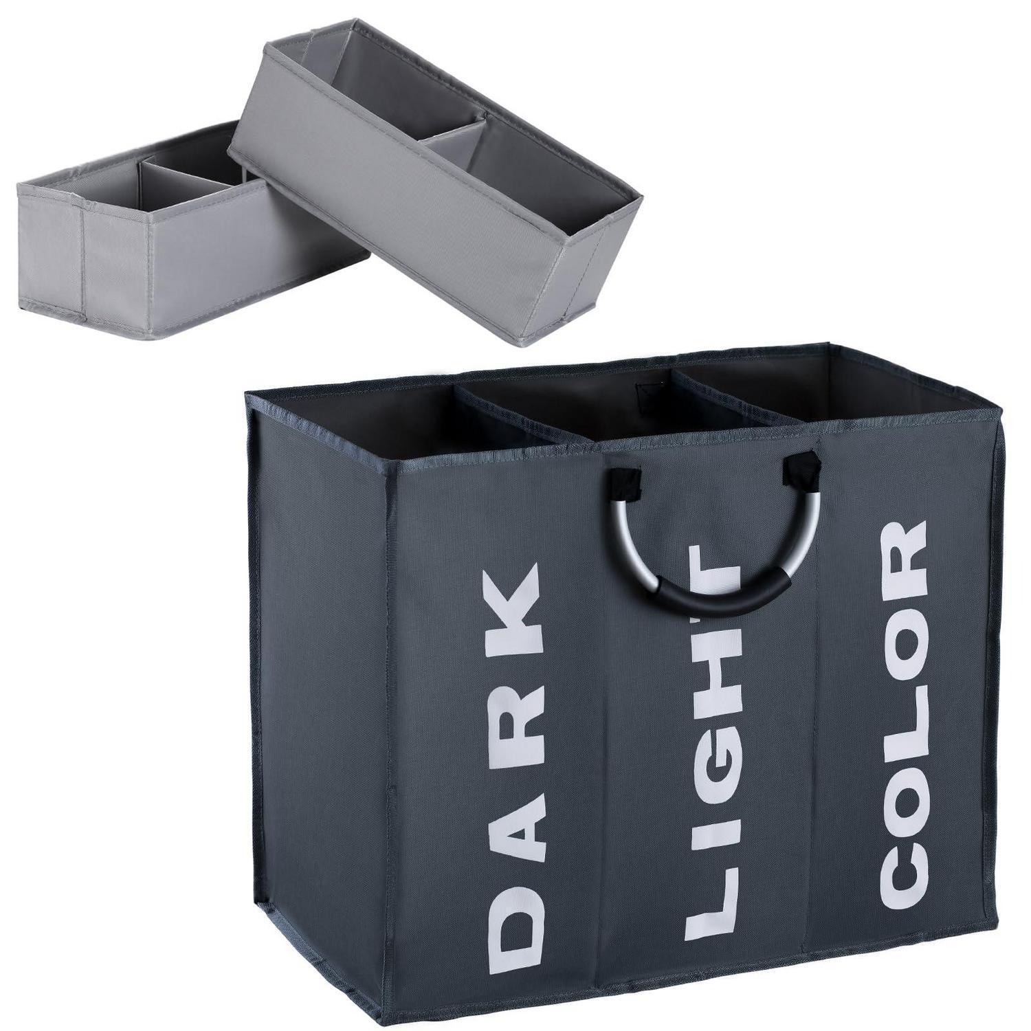 Wäschesortierer 3 Fächer 90l & 2er Set Aufbewahrungsboxen Stoff, Faltbar