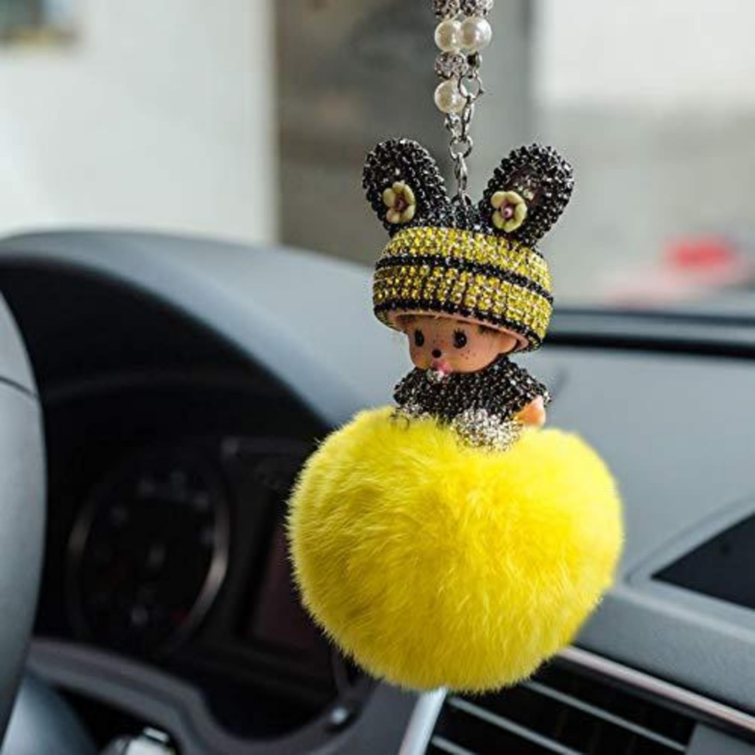 Auto Rückspiegel Anhänger Mit Strass Und Plüschball, Gelb