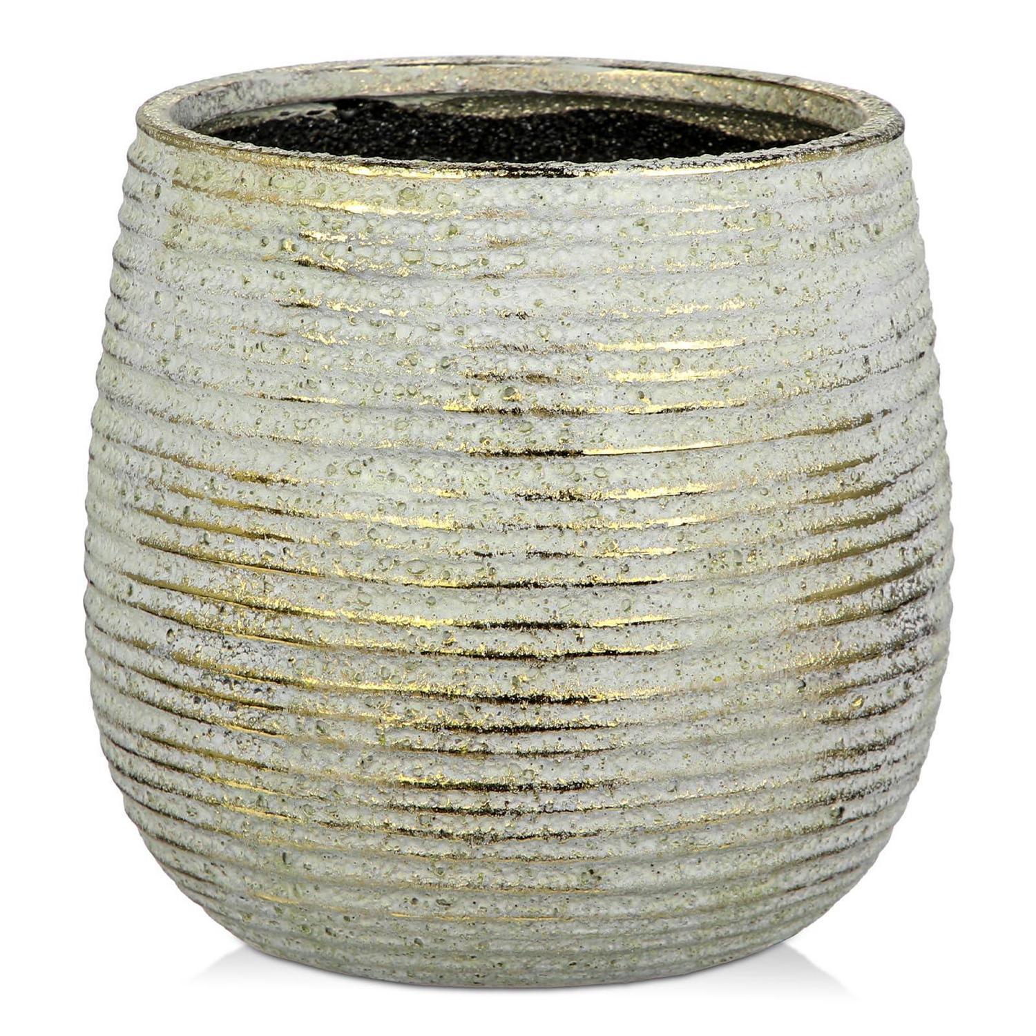 Keramik Blumentopf Mit Ablaufloch, Gerippte Struktur, Goldene Akzente, Ø 13cm