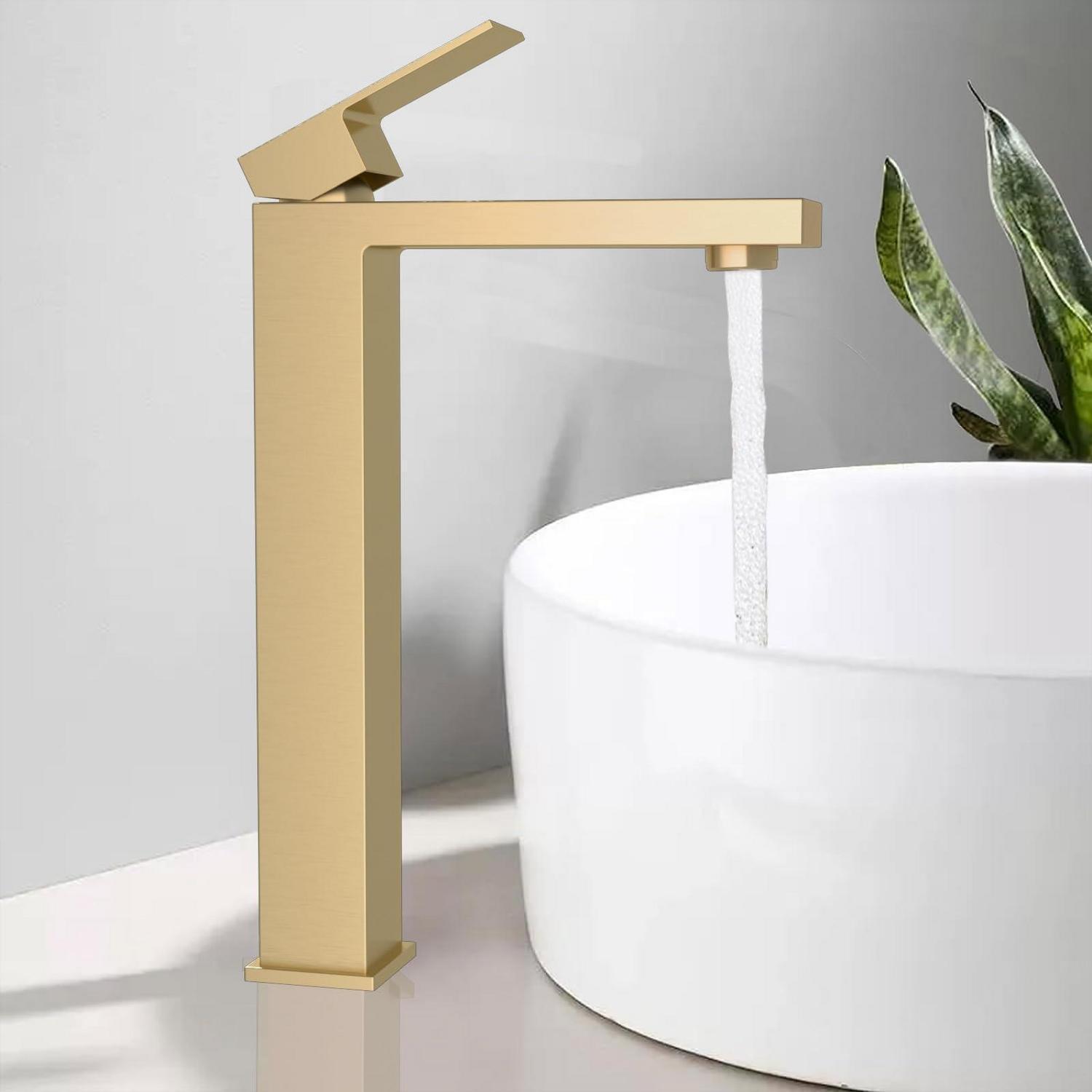 Waschtischarmatur Gold Hoch, Edelstahl, Keramikkern, 250mm Auslaufhöhe