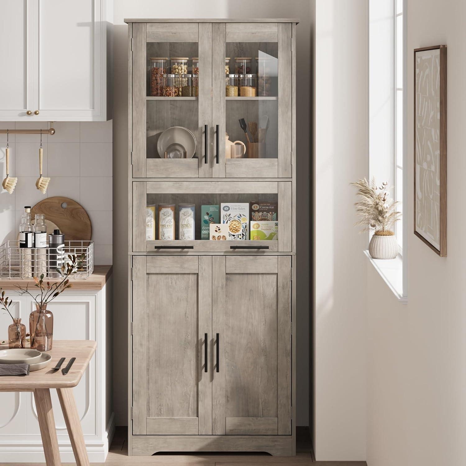 Küchenschrank 170cm Grau Mit 4 Fächern, 2 Holz- & 2 Glastüren, Hochziehschublade