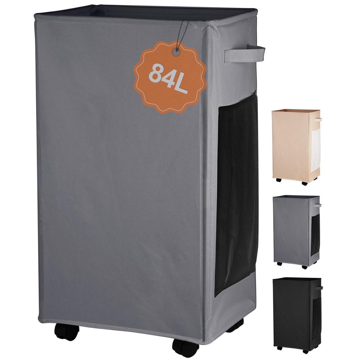 84l Wäschekorb Mit Rollen Und Netztaschen, Dunkelgrau, Schmal