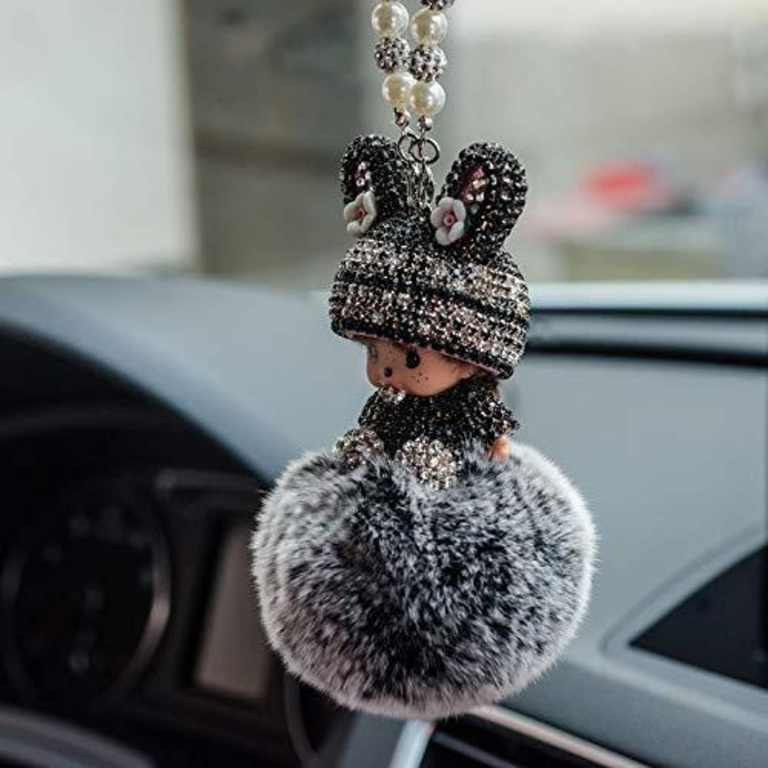 Auto Rückspiegel Anhänger Mit Strass Und Plüschball, Grau