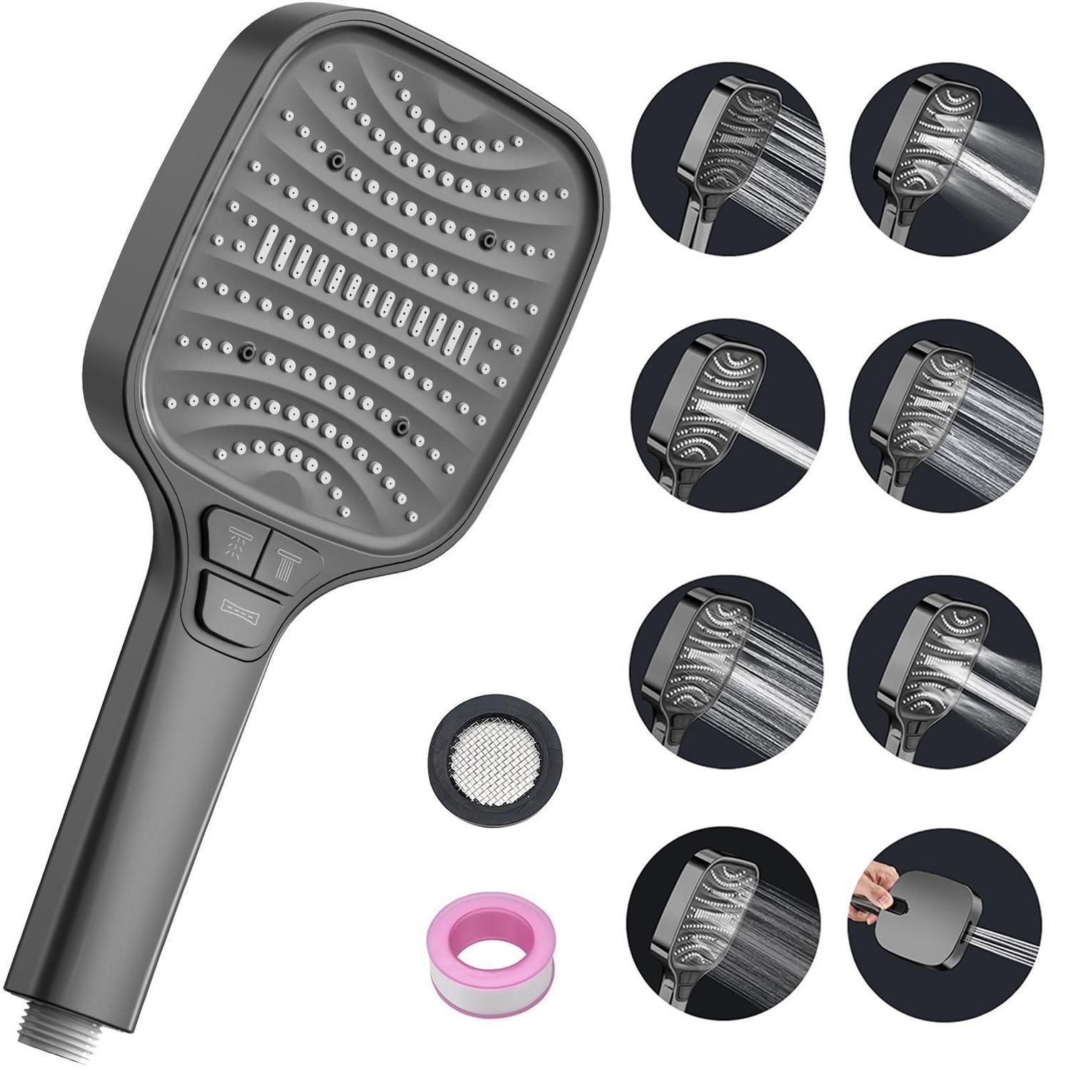 Duschbrause Mit 8 Strahlarten & Stoppfunktion, Regendusche, Grau Gunmetal