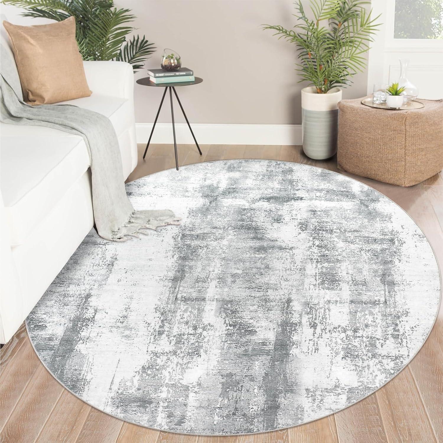 Runder Kurzflor Teppich 160cm Grau Abstrakt Waschbar Rutschfest
