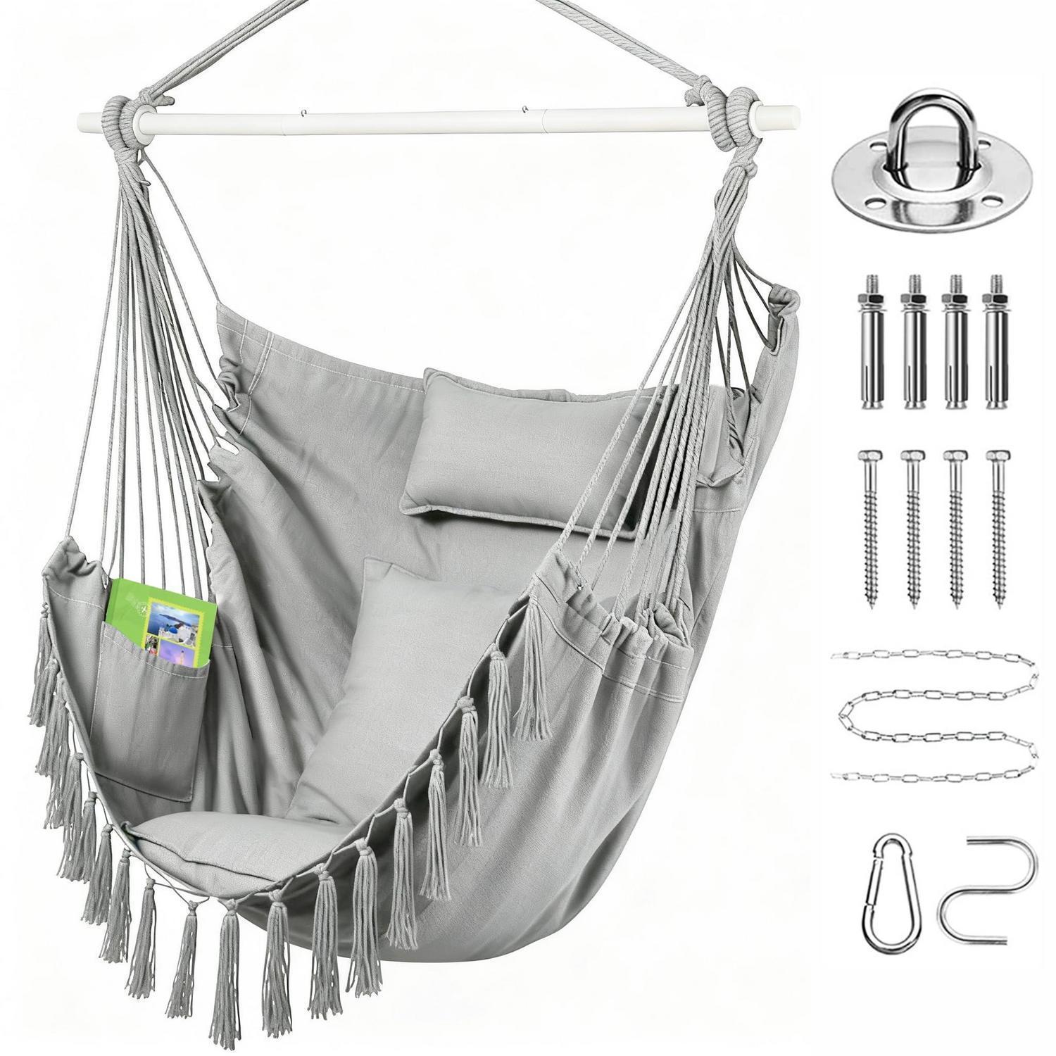 Hängesessel Extra Groß Mit 3 Kissen, Seitentasche, Boho-quasten, Grau