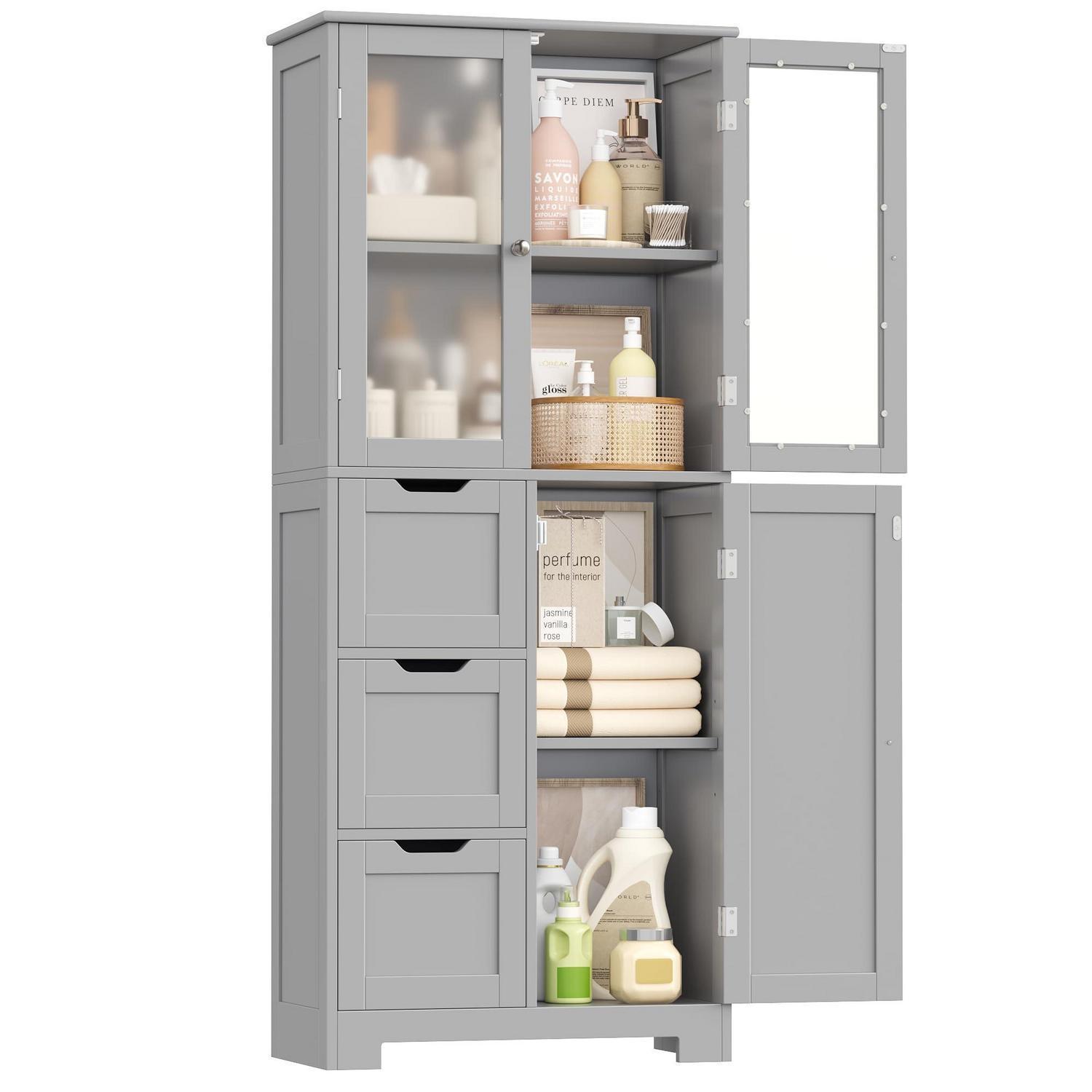 Badezimmerschrank Hoch Mit 3 Türen & 3 Schubladen, Grau