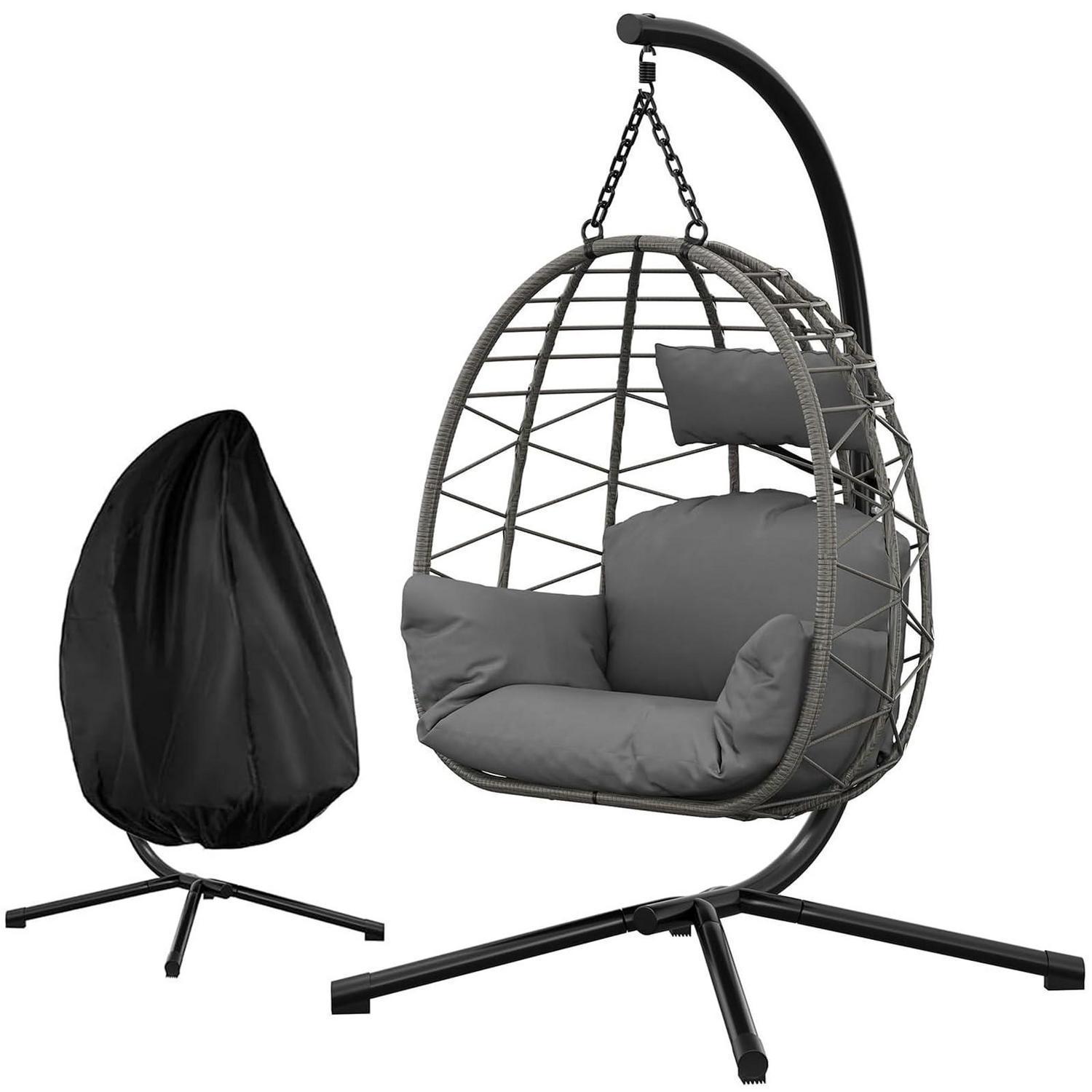 Hängesessel Mit Gestell, Wetterfestes Rattan, Bis 150 Kg, Inkl. Polster & Schutzhülle, Grau