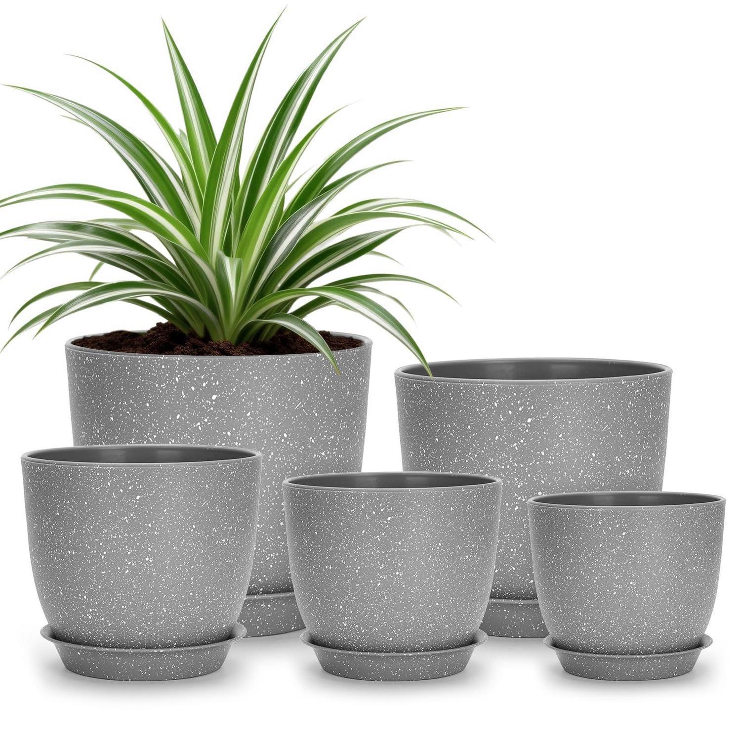 5er Blumentopf-set Mit Untersetzer, Kunststoff, Grau Gesprenkelt, Verschiedene Größen