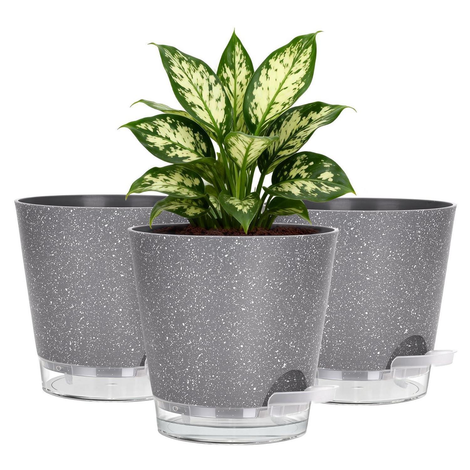 3er Set Pflanztöpfe 15cm Mit Bewässerungssystem, Grau Fleckig