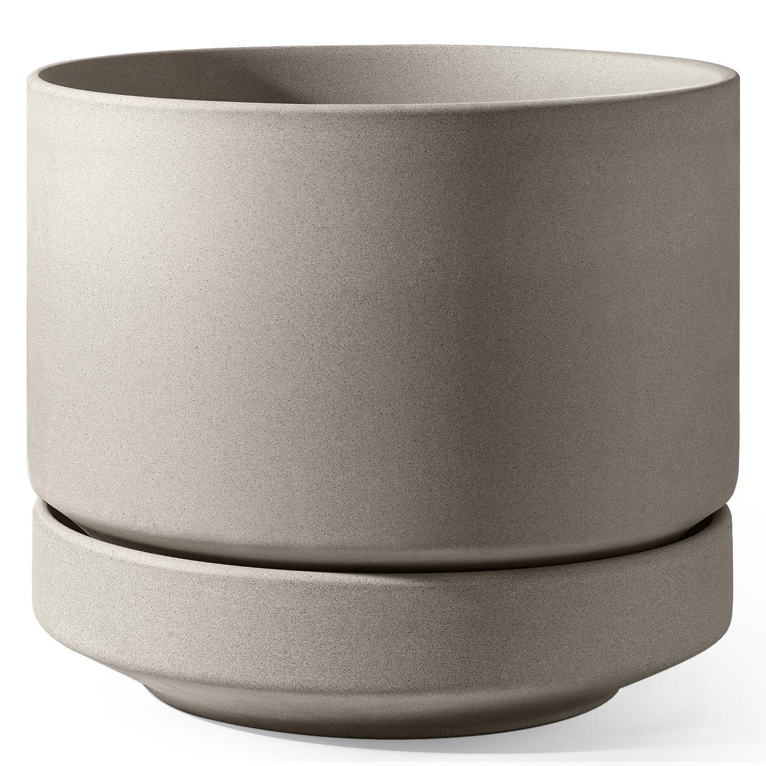 Keramik Blumentopf 35 Cm Mit Untersetzer, Groß, Atmungsaktiv, Neutral Grau