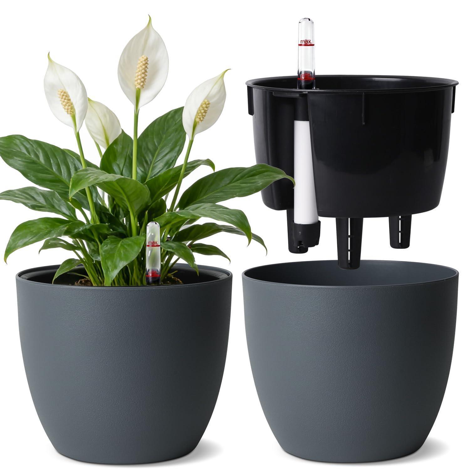Selbstbewässerungstopf 15cm Mit Wasserstandsanzeiger, Grau, Für Innen & Außen