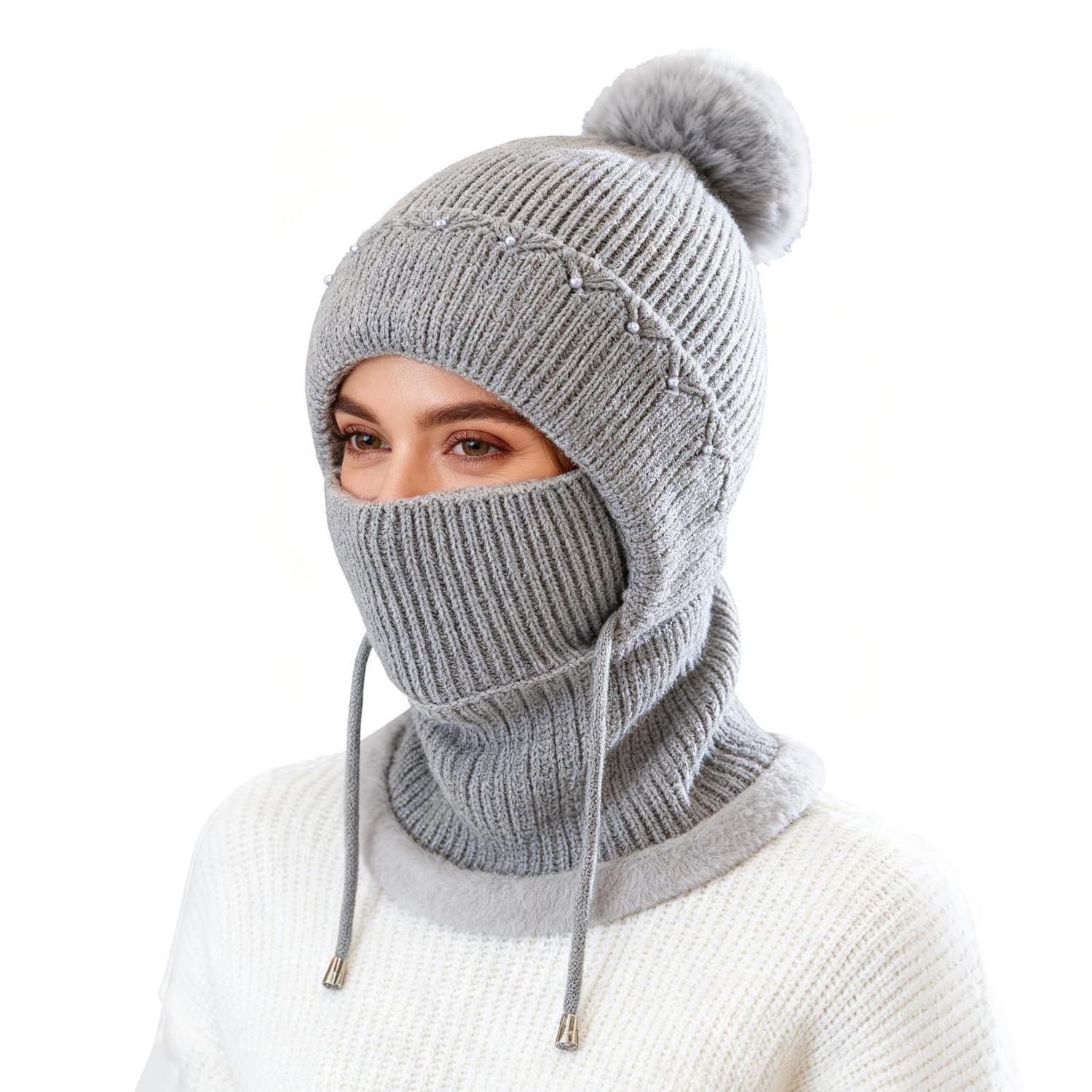 Warme Sturmhaube Mit Gesichtsschutz Für Damen, Thermo-fleece, Winddicht, 3-in-1, Grau