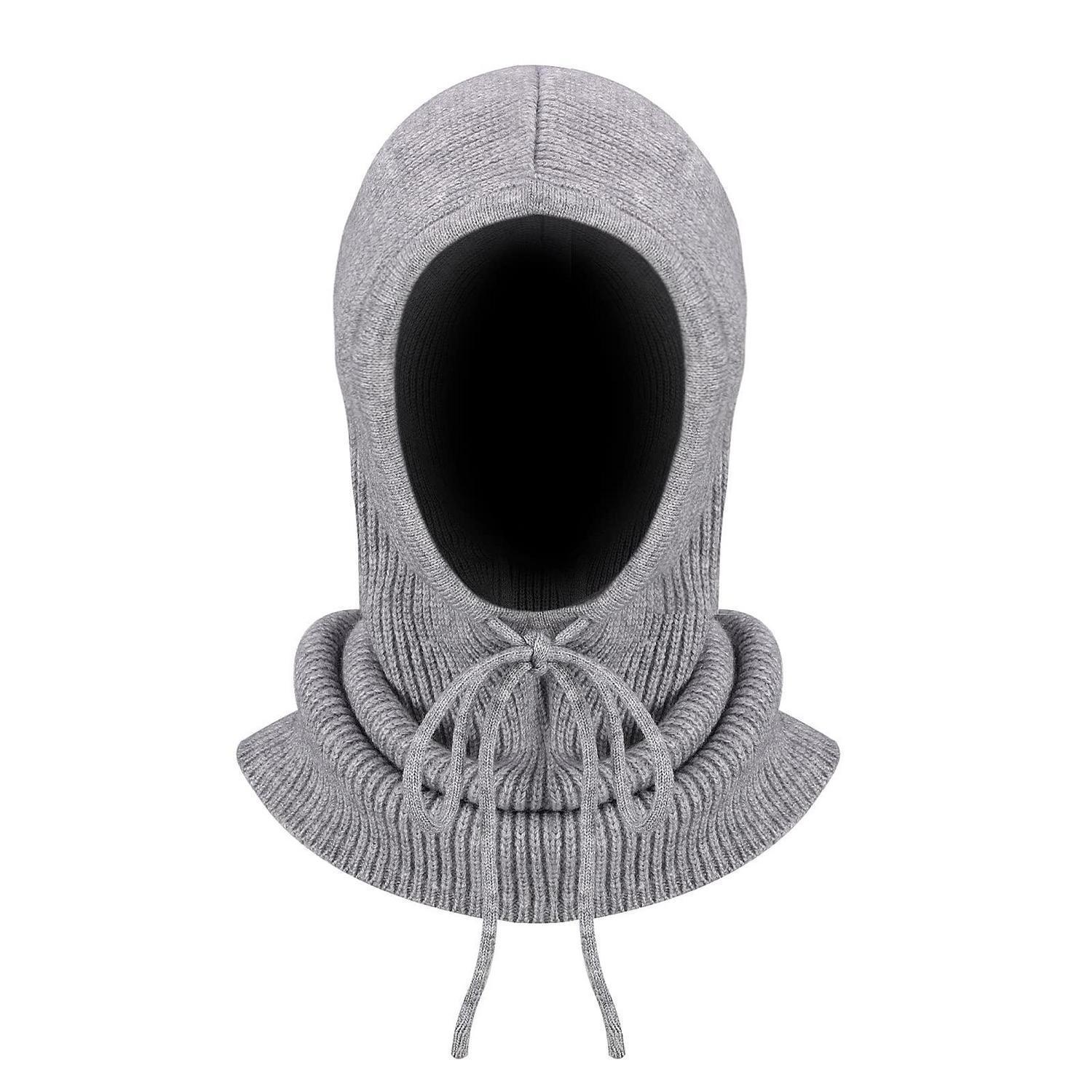 Strick-sturmhaube Mit Kordelzug, Winddicht, 2-in-1 Mütze & Schal, Grau