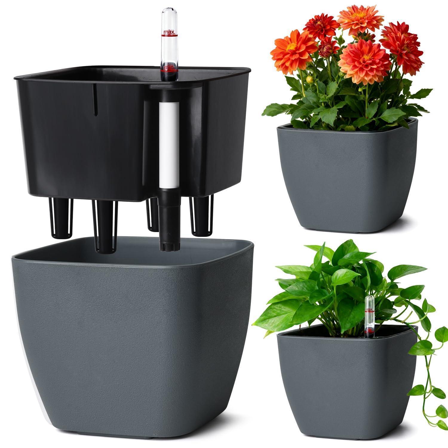 Eckiger Selbstbewässerungstopf 17,5cm Mit Wasserstandsanzeige, Grau