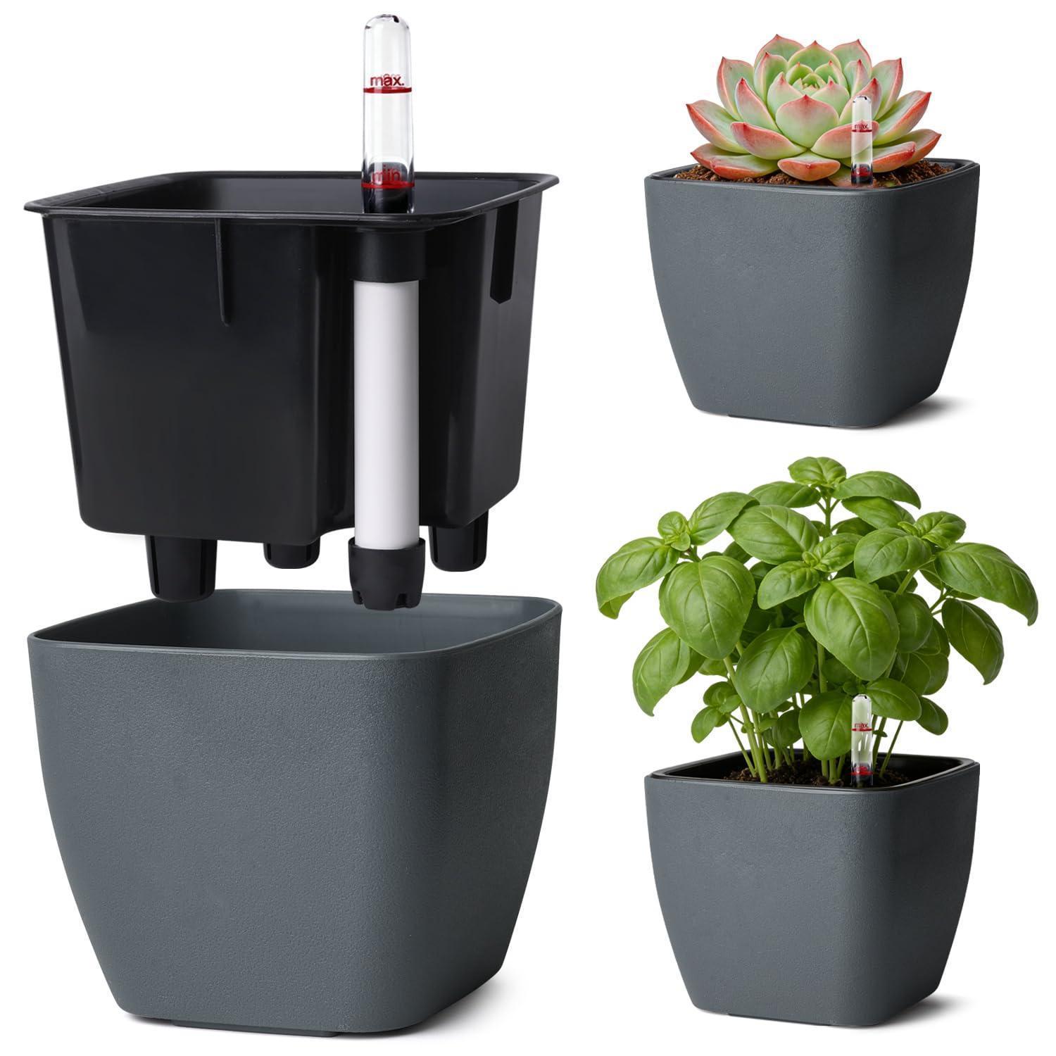 Eckiger Selbstbewässerungstopf 12,5cm Mit Wasserstandsanzeige, Grau