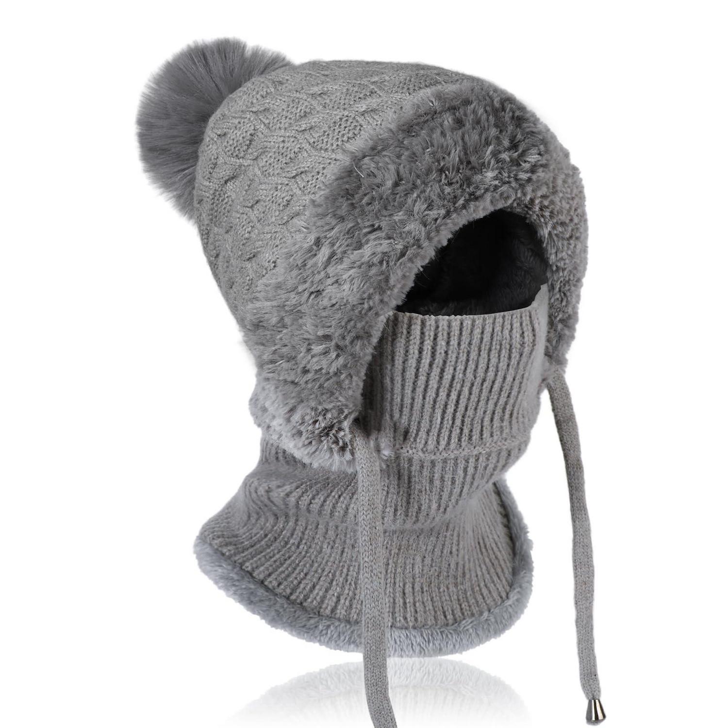 Damen Wintermütze Mit Schal Und Gesichtsmaske, Thermo Strickmütze Mit Fleece, Grau