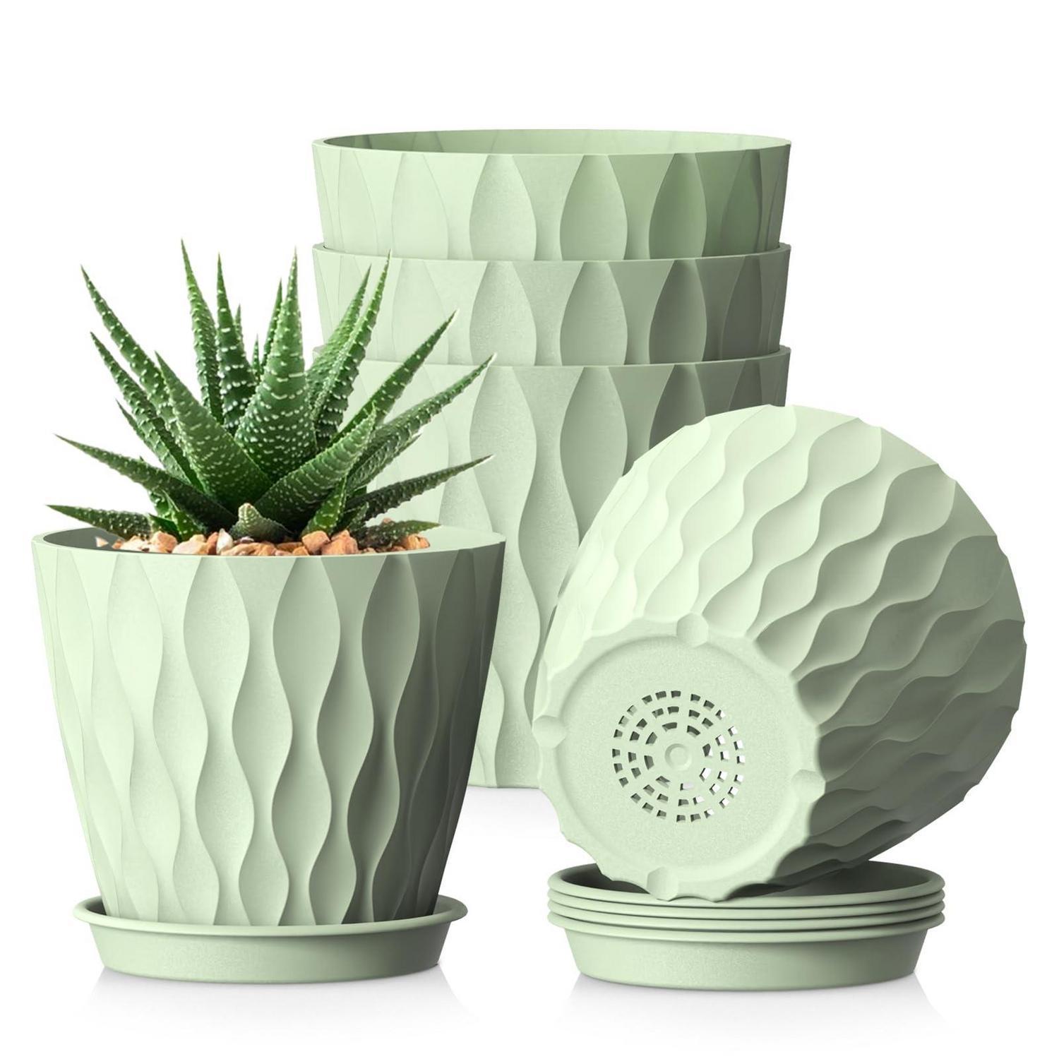 5er Set Blumentöpfe Ø 15 Cm Mit Untersetzer, Kunststoff, Grün, Wellenstruktur
