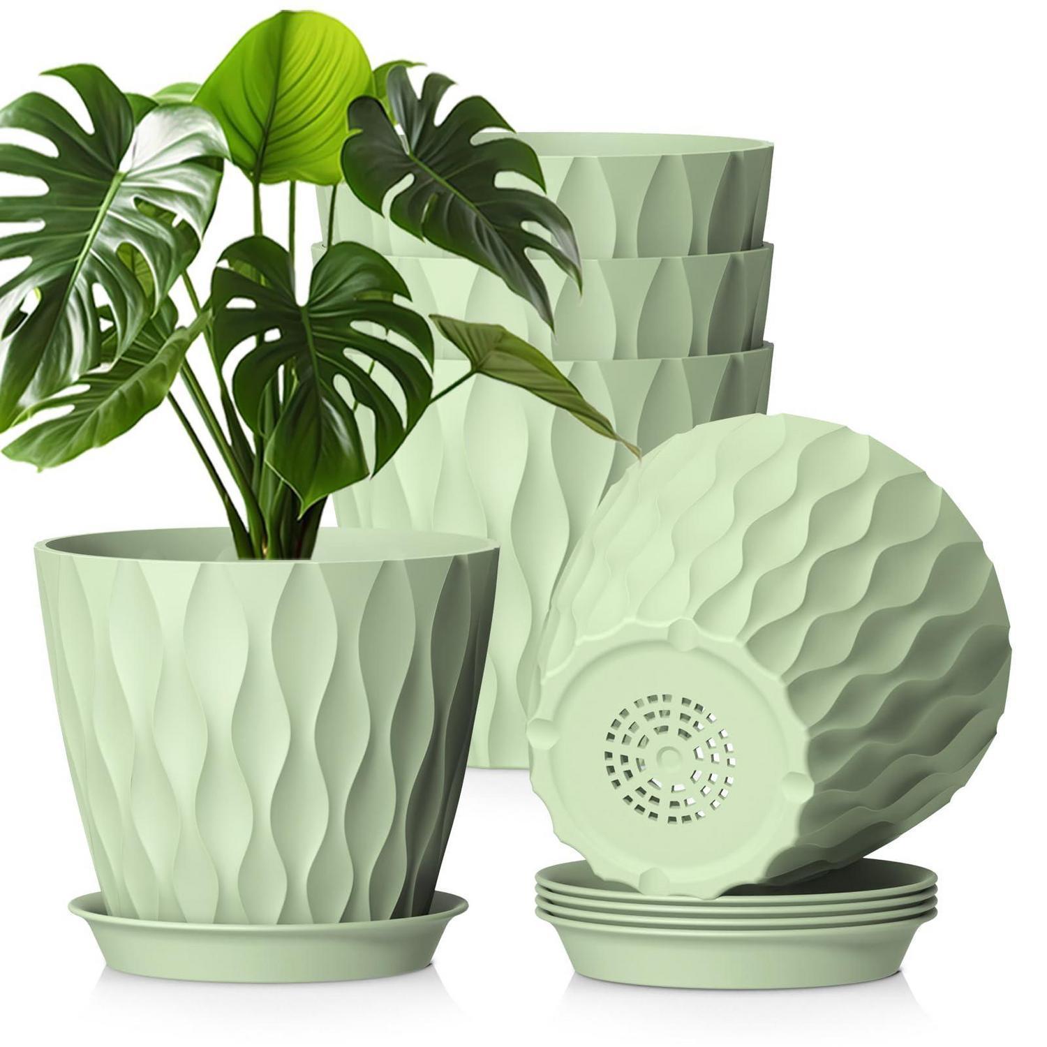 5er Set Blumentöpfe Ø 20 Cm Mit Untersetzer, Kunststoff Pflanztöpfe Mit Abflusslöchern, Grün