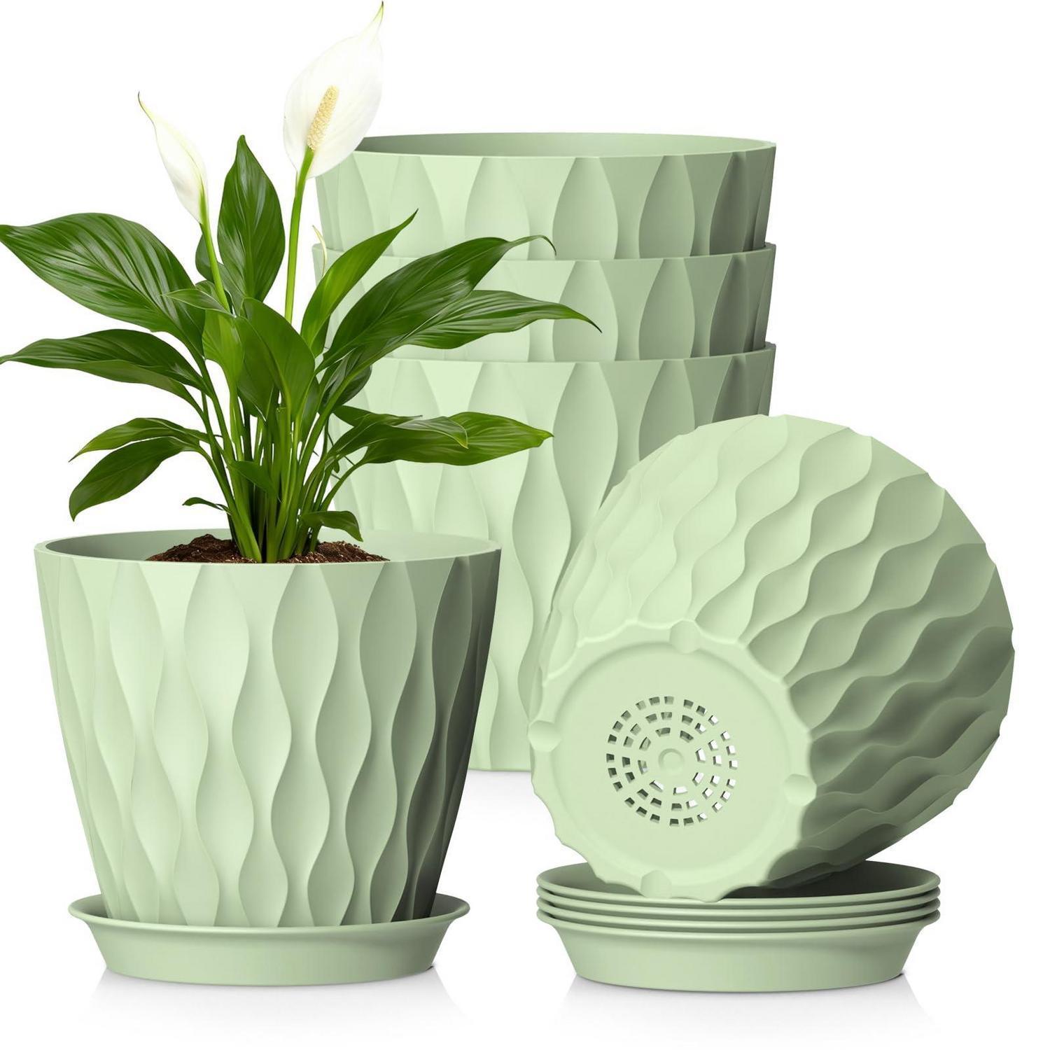 5er Set Blumentöpfe Ø 17,6 Cm Mit Untersetzer, Kunststoff, Abflusslöcher, Wellenstruktur