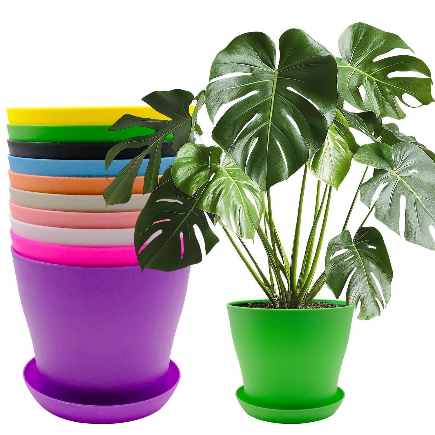 10er Set Blumentöpfe Mit Untersetzer, 14cm, Kunststoff, Bunt, Mit Drainage