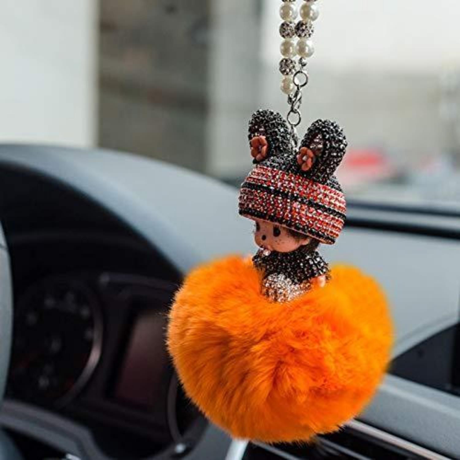 Auto Rückspiegel Anhänger Mit Strass Und Plüschball, Orange