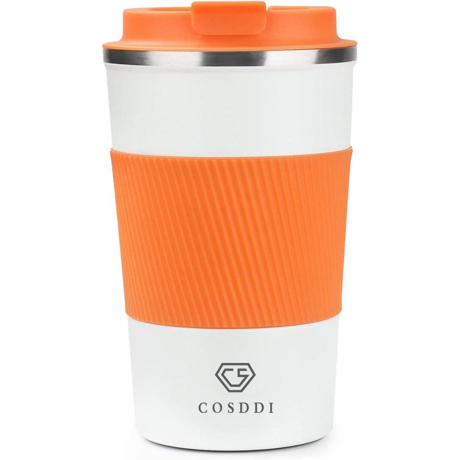 Isolierbecher Edelstahl 380ml, Vakuum Reisebecher Auslaufsicher, Doppelwandig Warm/kalt, Kaffee-to-go Becher Orange/weiß