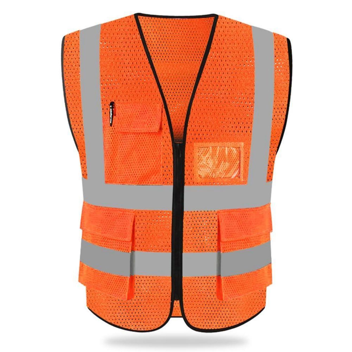 Warnweste Hohe Sichtbarkeit Mit Reißverschluss Und Taschen, Orange, Mesh