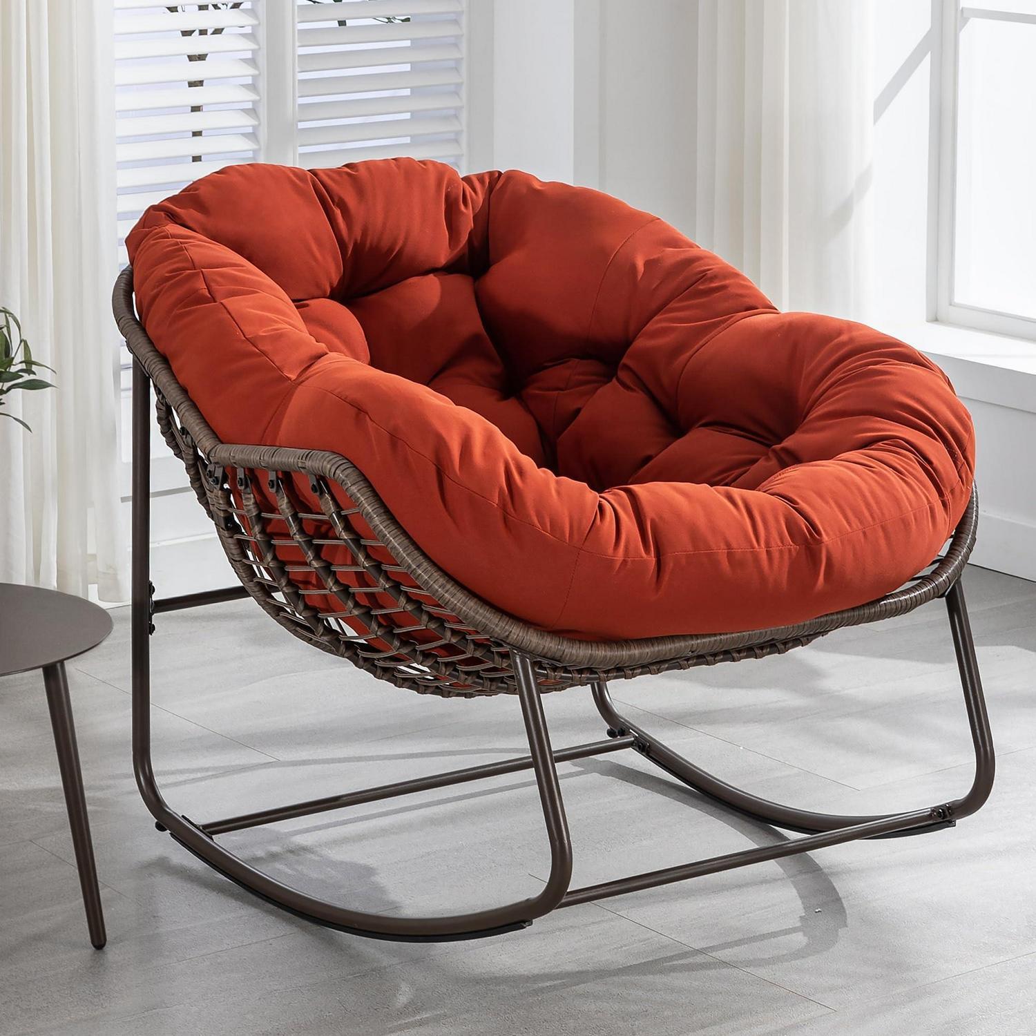 Schaukelstuhl Orange Mit Dickem Kissen, Extra Breiter Sitz, Für Garten & Wohnzimmer