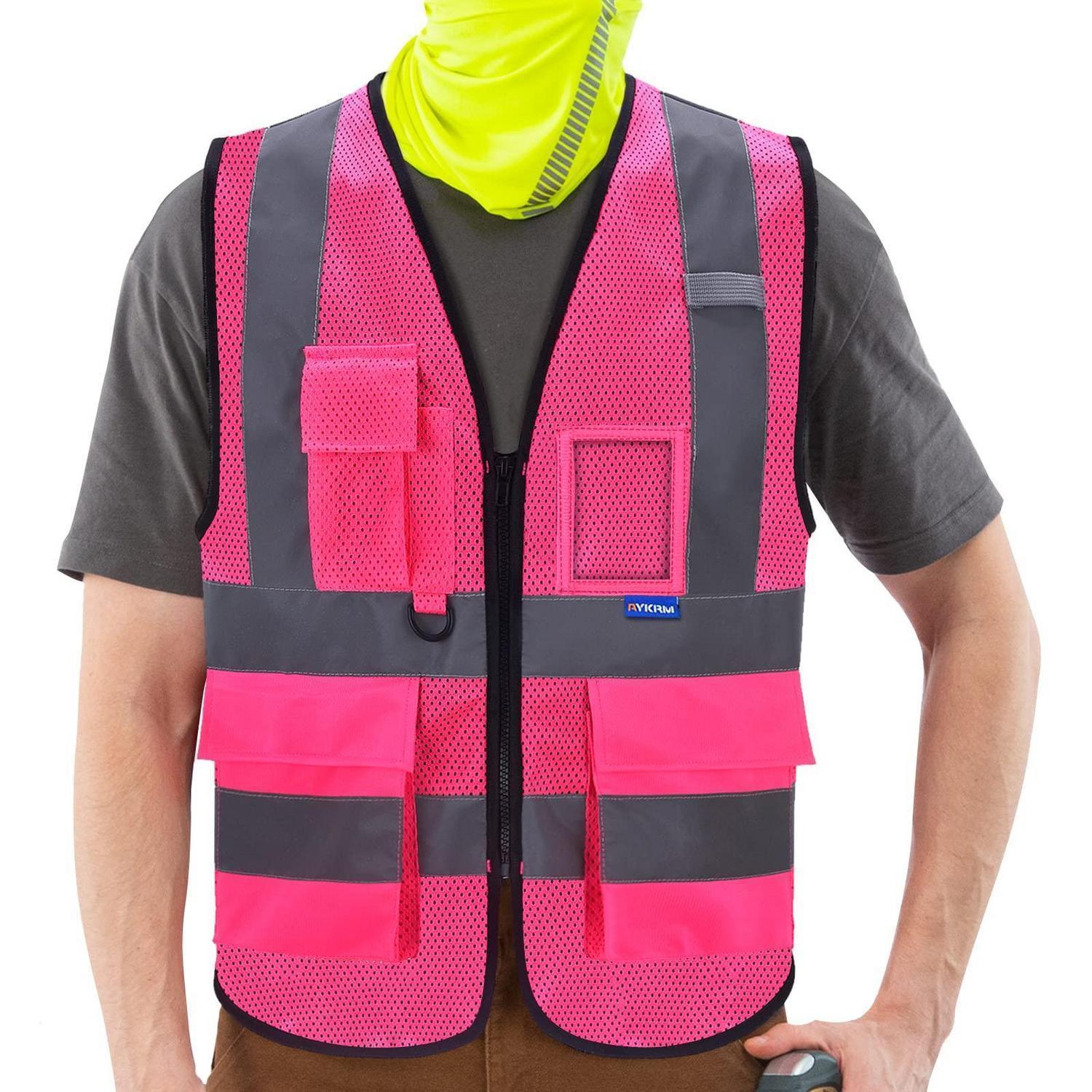 Warnweste Mit Reißverschluss, Hohe Sichtbarkeit, Pinkes Netzgewebe, Mit Handyfach