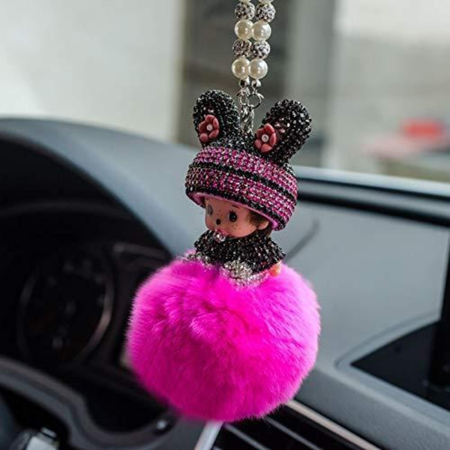 Auto Rückspiegel Anhänger Mit Strass Und Plüschball, Rosa