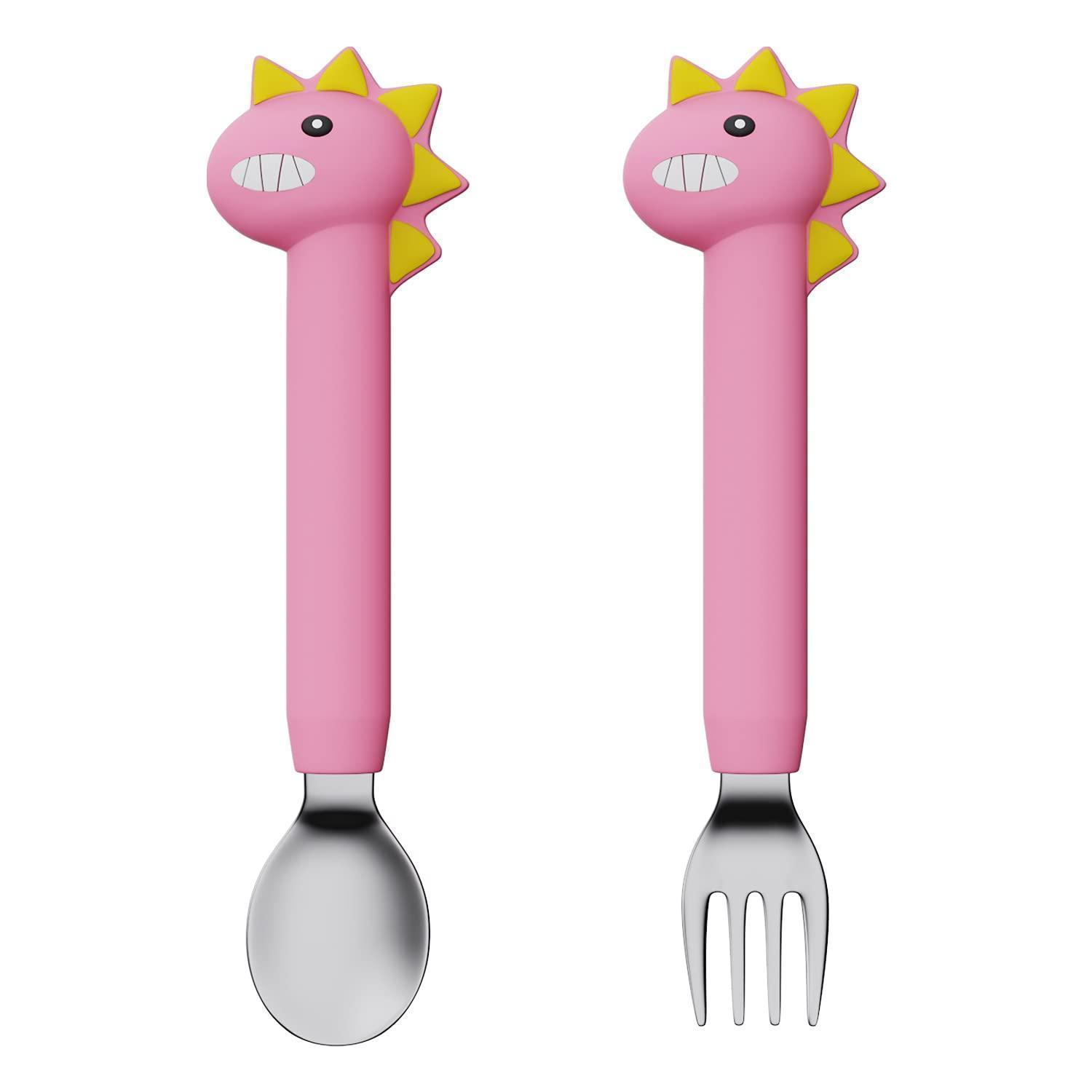 Baby Besteckset Mit Dinosaurier-motiv, Lernlöffel & Gabel, Ab 18 Monate, Rosa