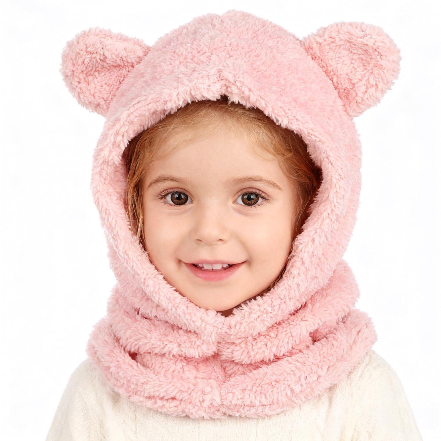 Kinder Schlupfmütze Mit Schal, Warmes Fleece, 3-in-1-schutz, 1-6 Jahre, Rosa
