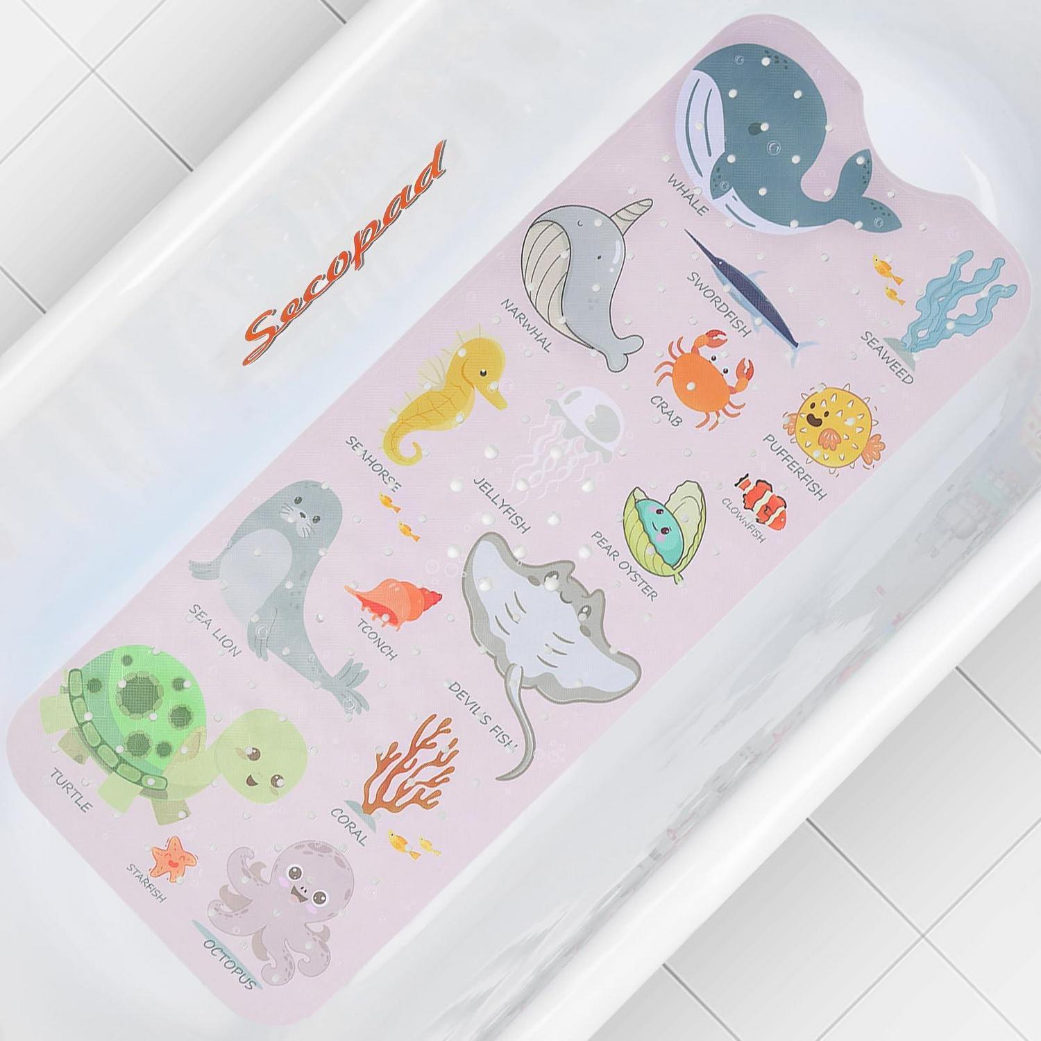 Badewannenmatte Kinder Rutschfest 100x40cm Mit Saugnäpfen, Bpa-frei, Maschinenwaschbar, Pink Meeresmotive