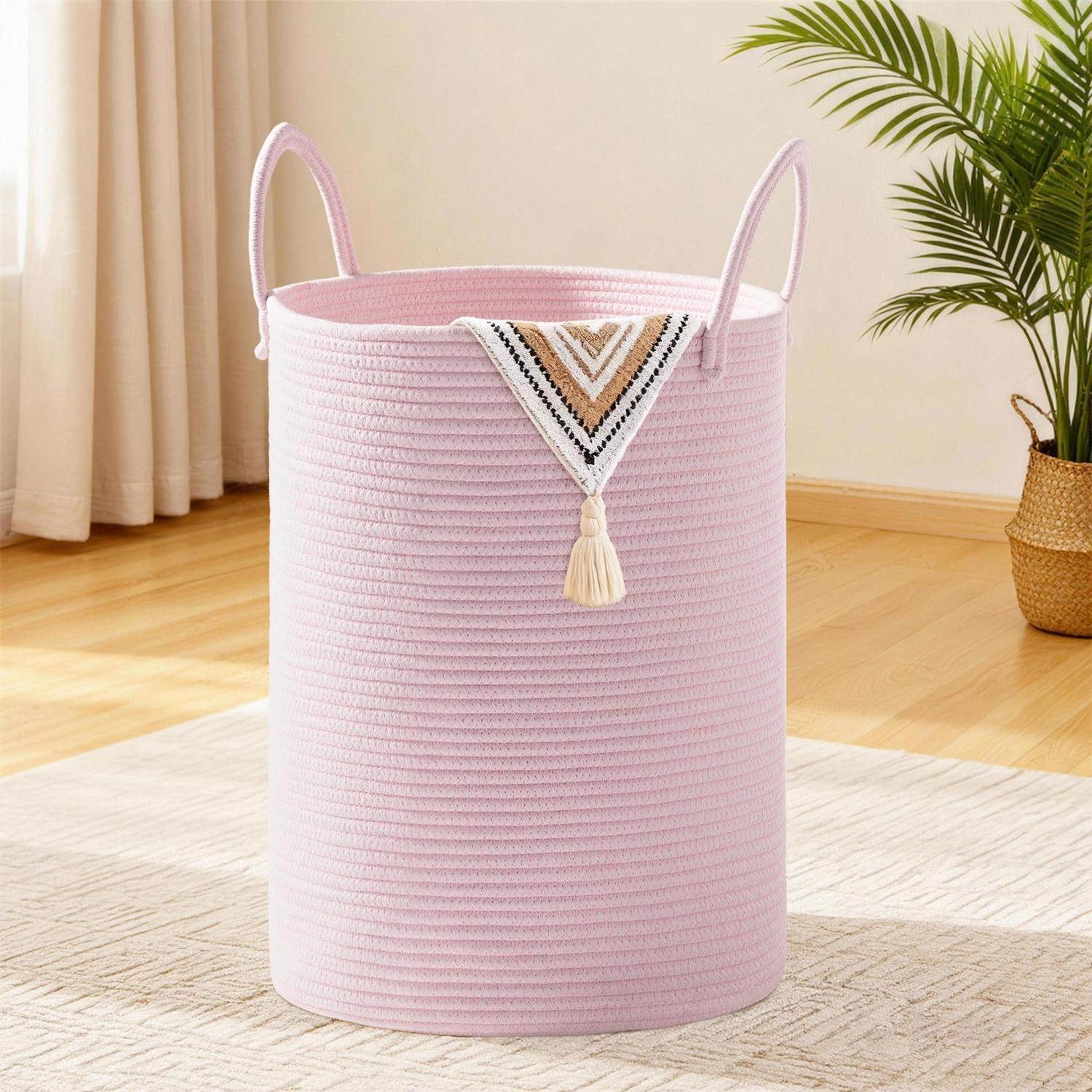 Geflochtener Wäschekorb 58l Mit Baumwollhenkel, Rosa, Für Kinderzimmer & Wohnzimmer