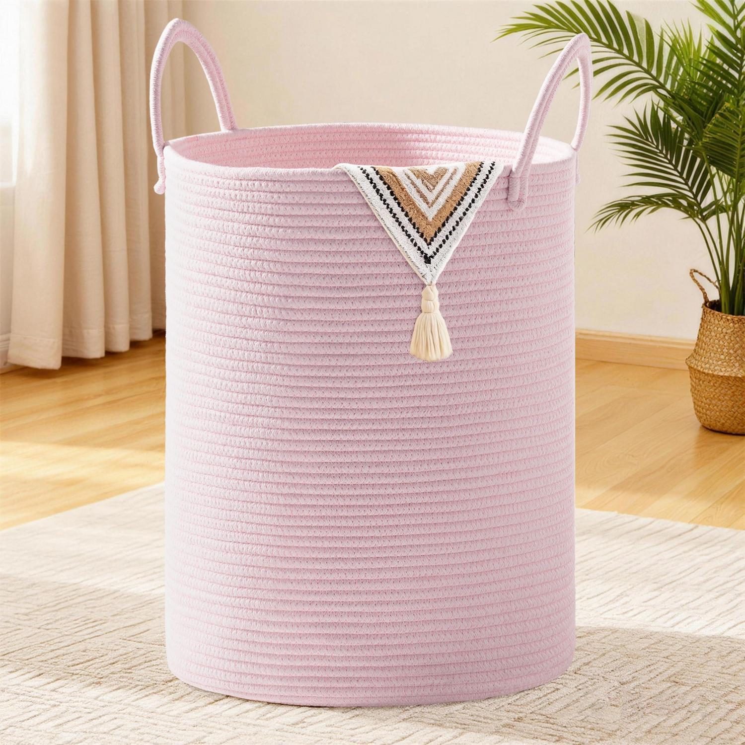Xxl Wäschekorb 100l Geflochten Aus Baumwolle Mit Henkel, Rosa