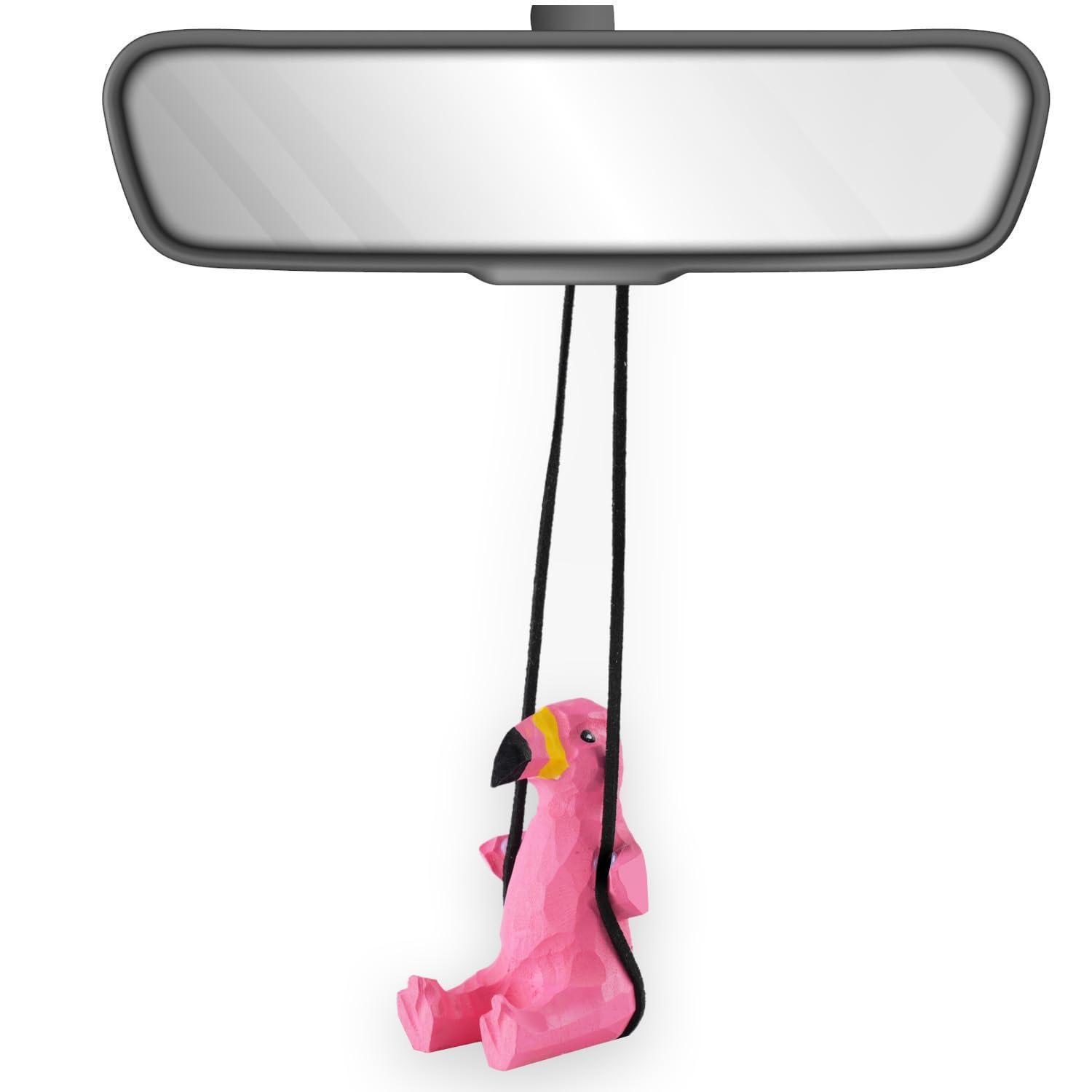 Hängendes Auto-ornament Flamingo Aus Holz, Handgeschnitzt Und Bemalt