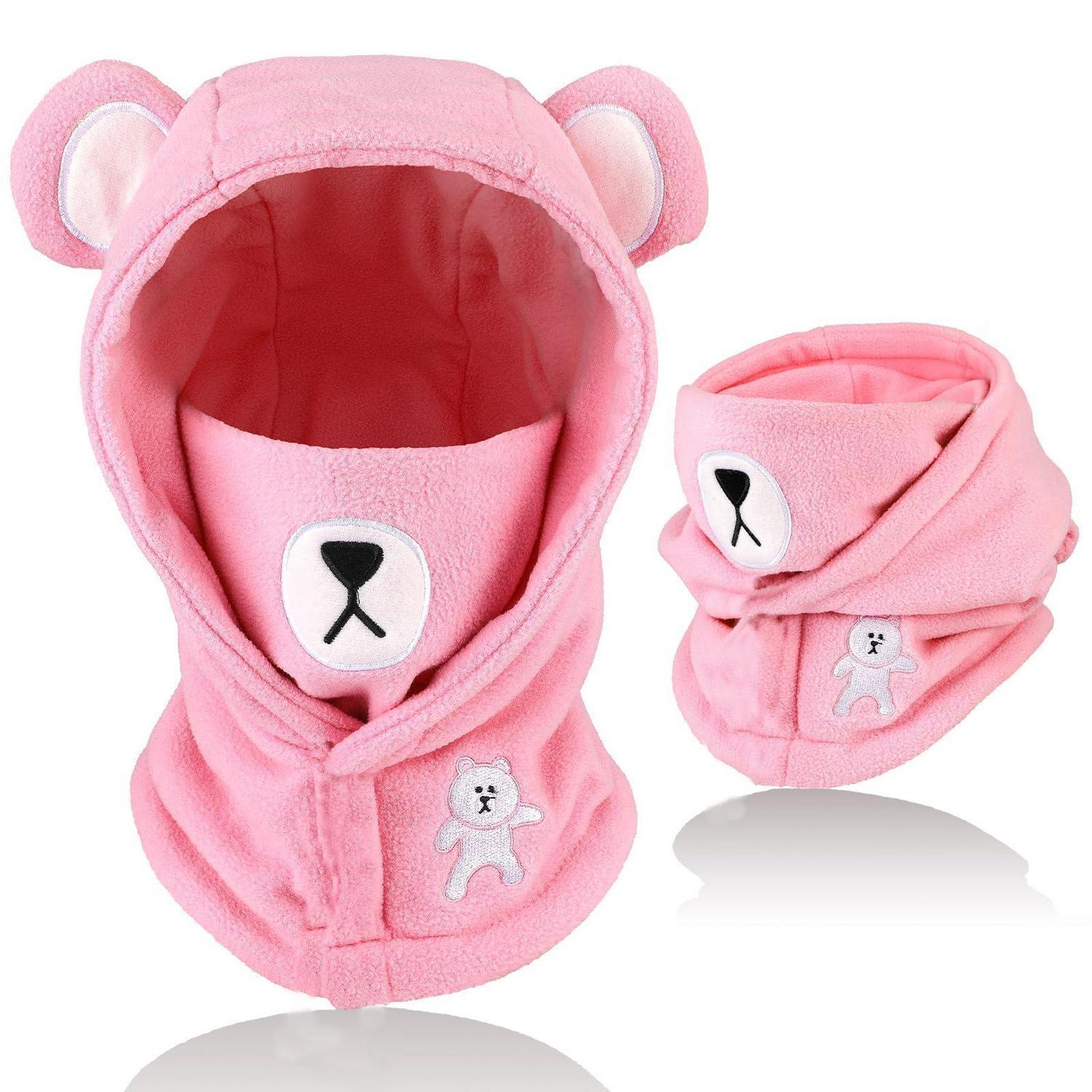 Kinder Sturmhaube Fleece Mit Bärenmotiv, Winddicht, Warm, 4-12 Jahre, Rosa