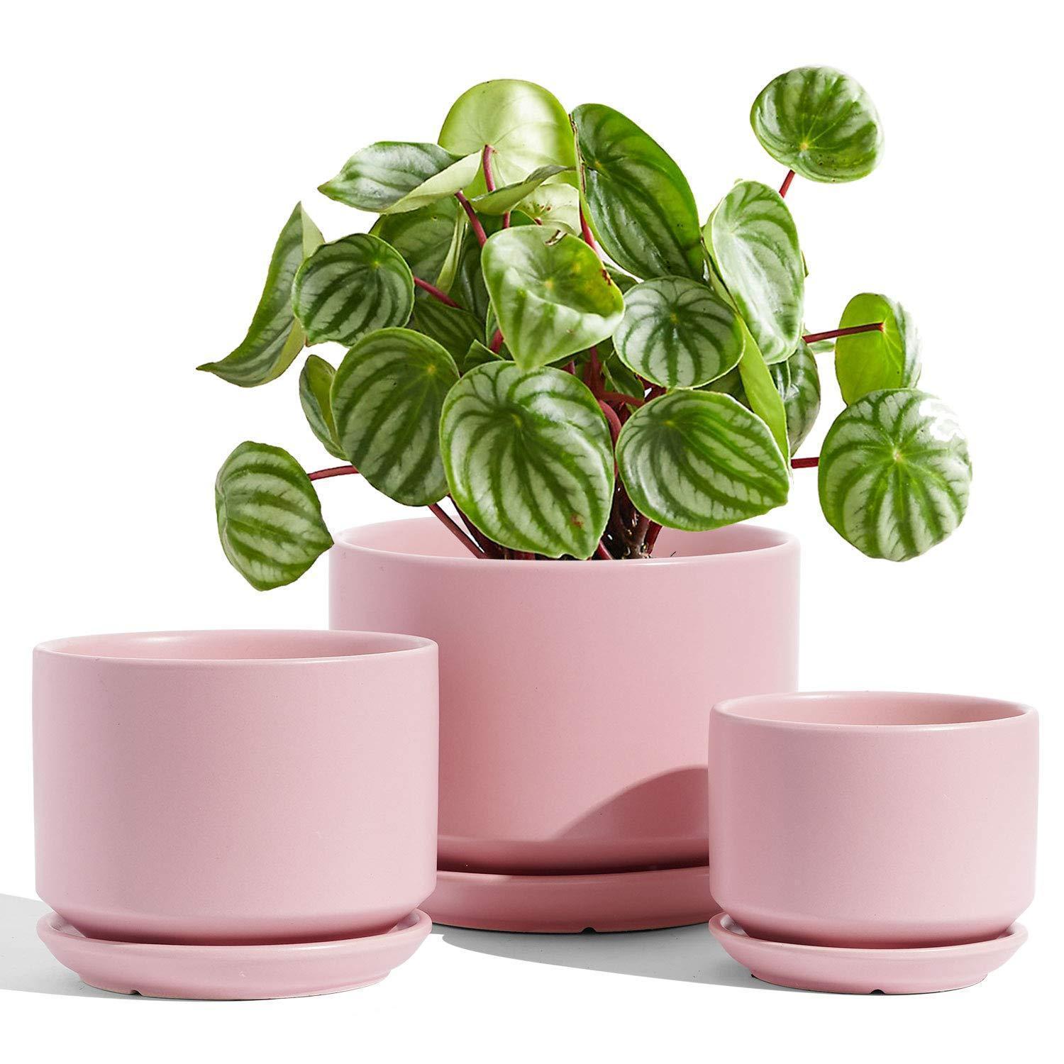 3er Set Keramik Blumentöpfe Mit Untersetzer, Rosa, 11-17 Cm