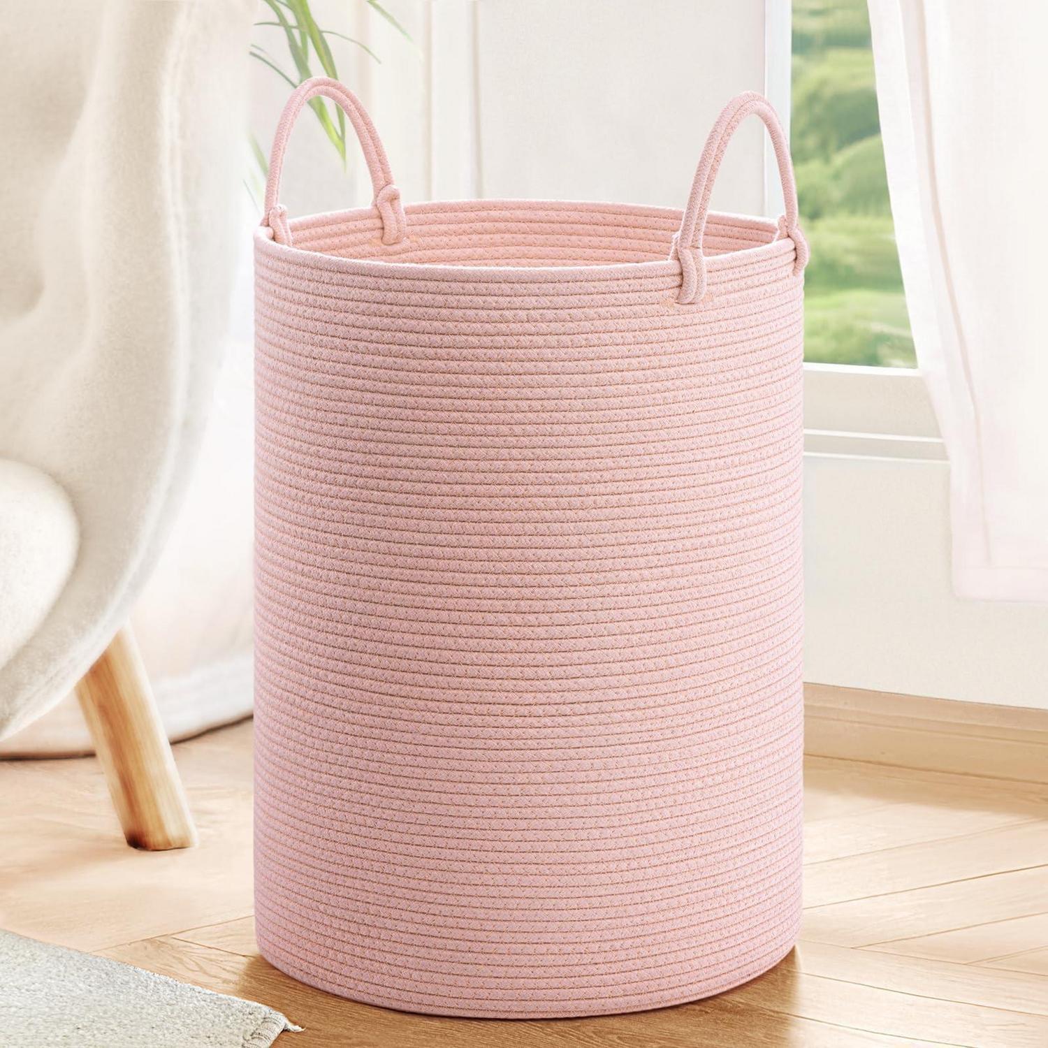 Geflochtener Wäschekorb Aus Seil, Rosa, 35x50 Cm, Mit Henkel