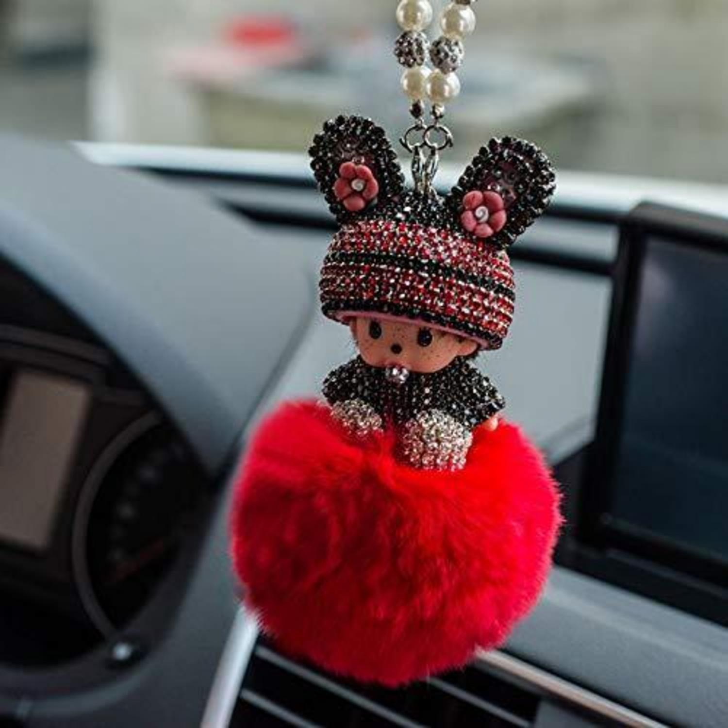 Auto Rückspiegel Anhänger Mit Strass Und Plüschball, Rot