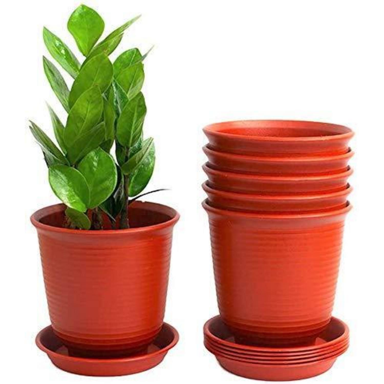 6er Set Kunststoff Blumentöpfe Mit Untersetzern, 15.5cm, Ziegelrot