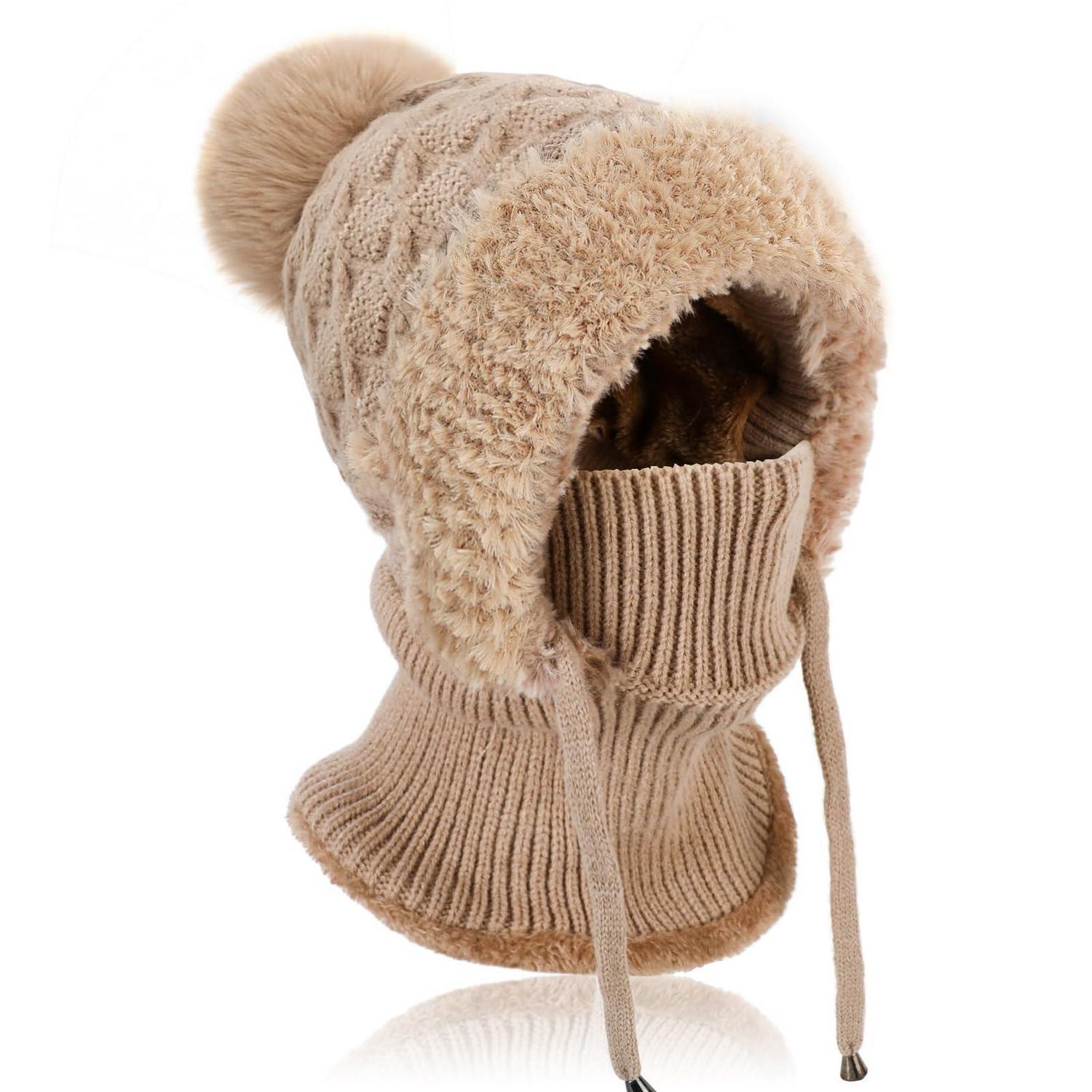 Winter Mütze Damen Mit Schal & Gesichtsmaske, Thermo Strickmütze Mit Fleece, Kaki