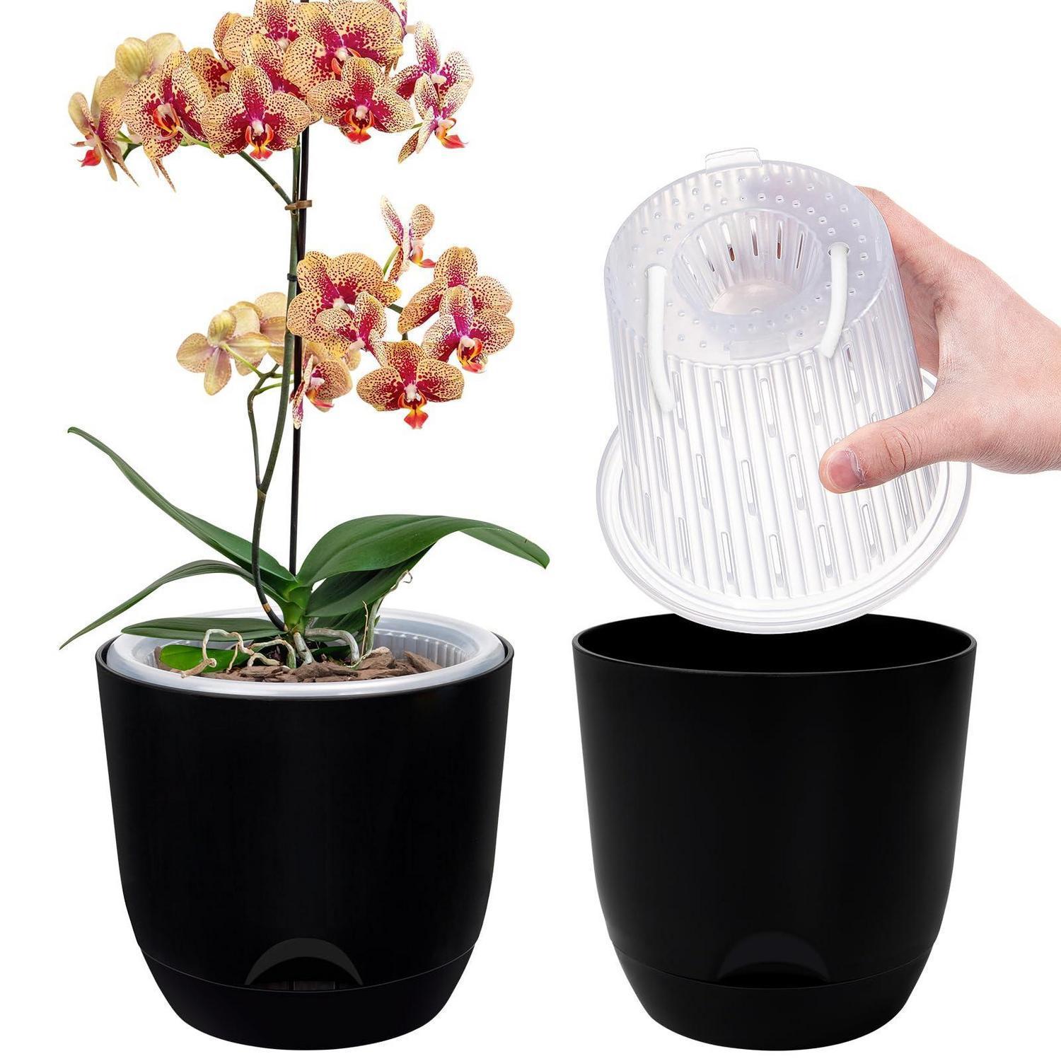 2er-set Orchideentopf 18,2cm, Selbstbewässerung Mit Übertopf, Schwarz