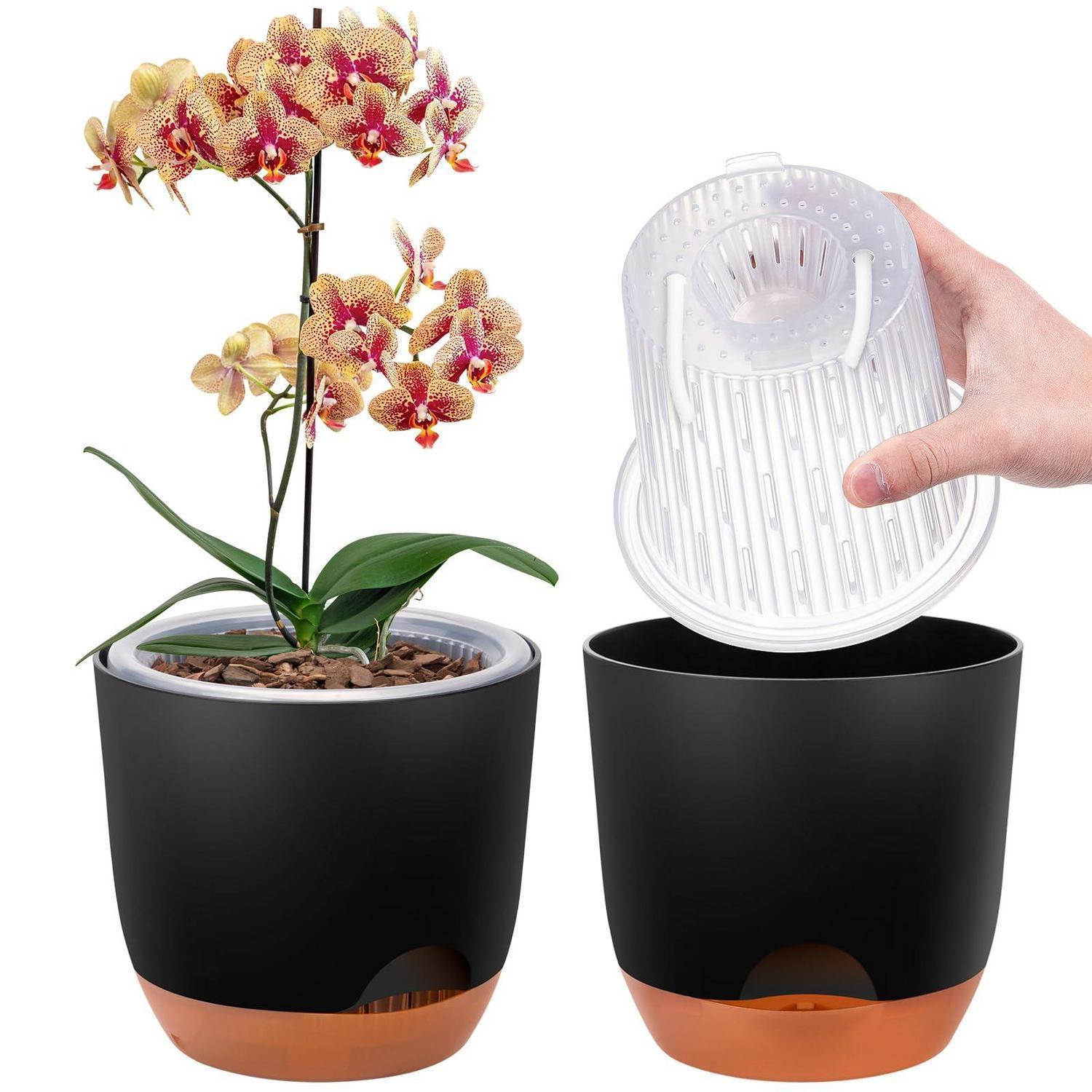 2er-set Orchideentopf Groß 18,2cm Mit Selbstbewässerungssystem, Schwarz